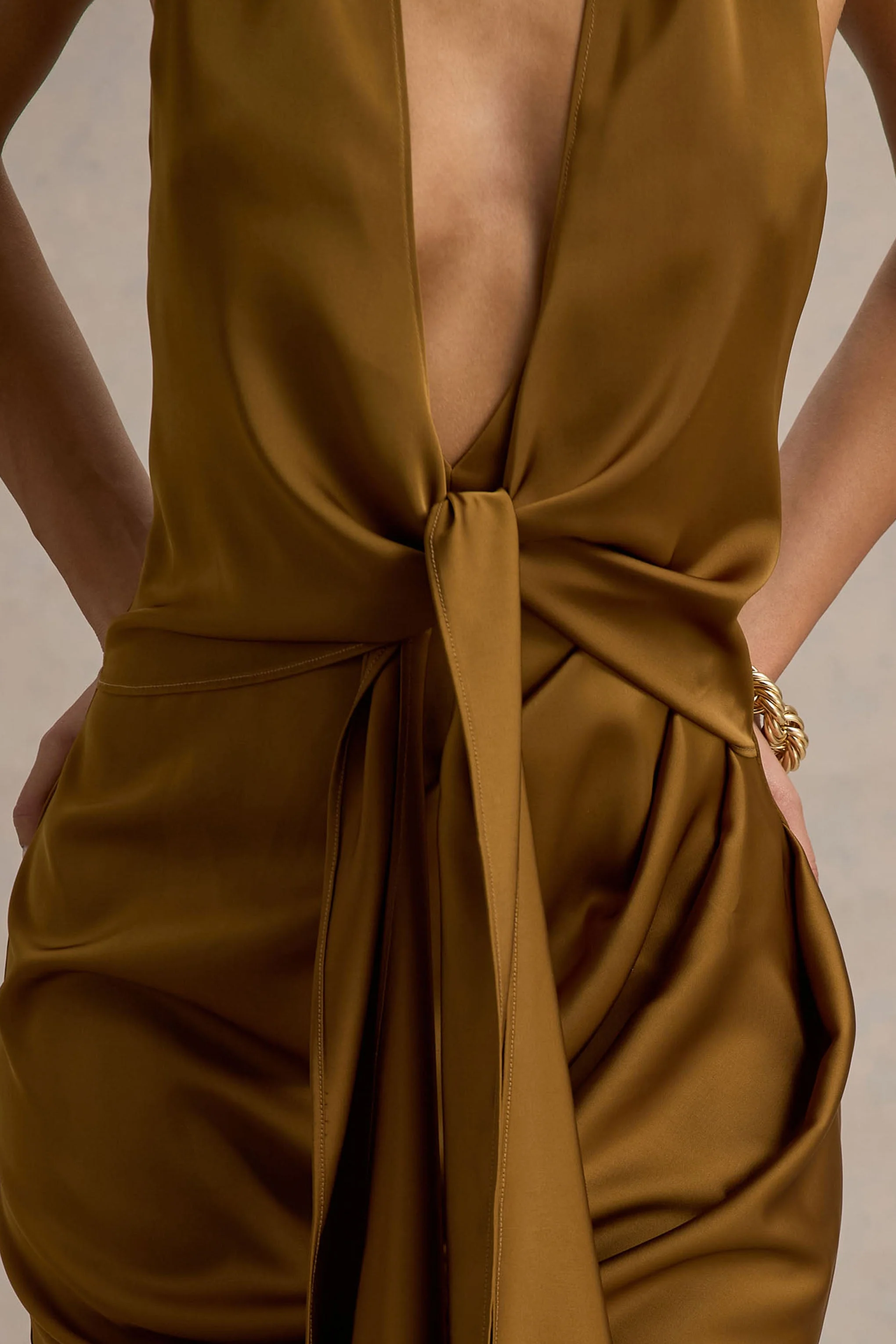 Lynette | Olive Satin Plunge-Neck Maxi Dress With Asymmetric Hem - Image 6