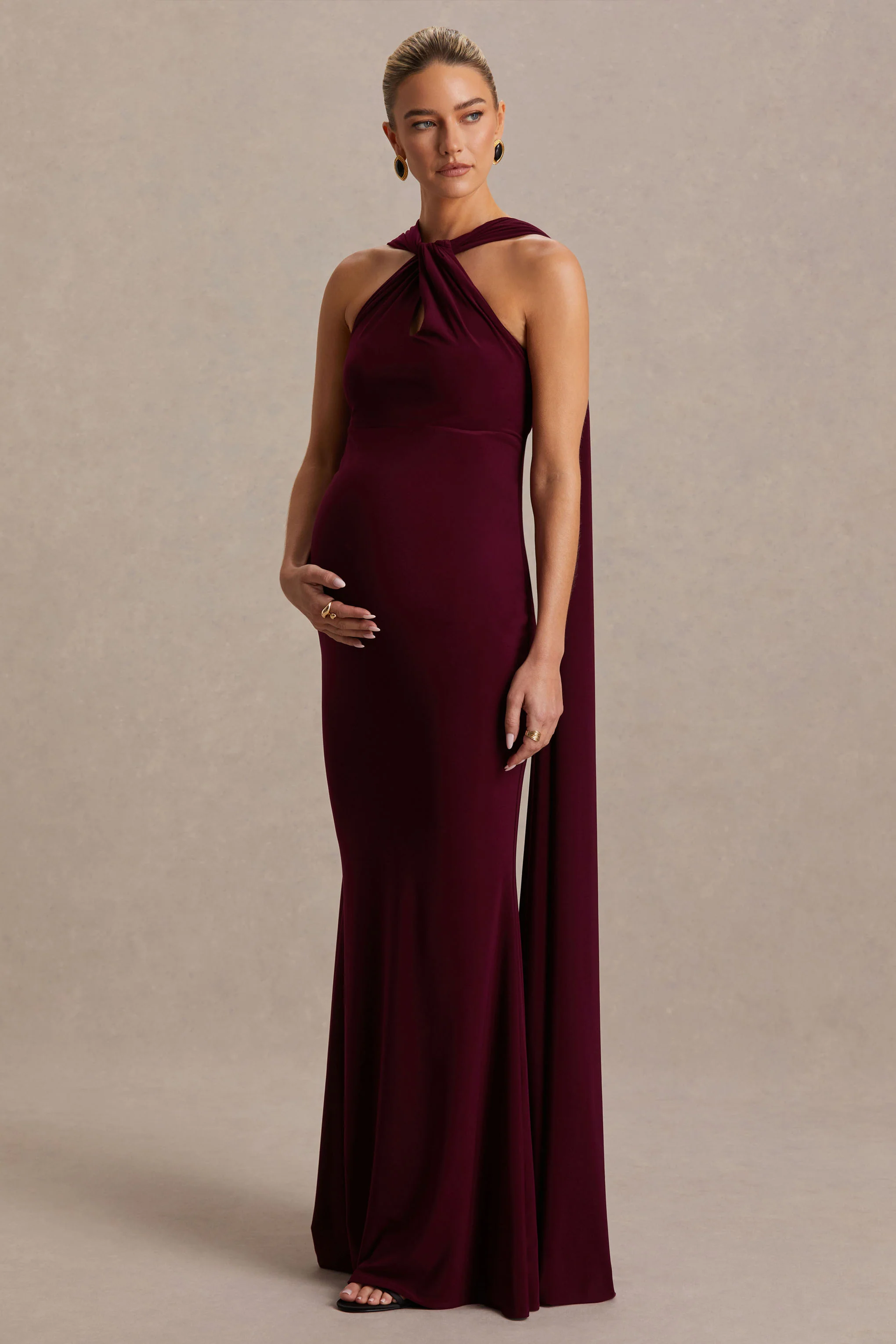 Lyra | Burgundy Cross Halter-Neck Maternity Maxi Dress With Cape - Image 5