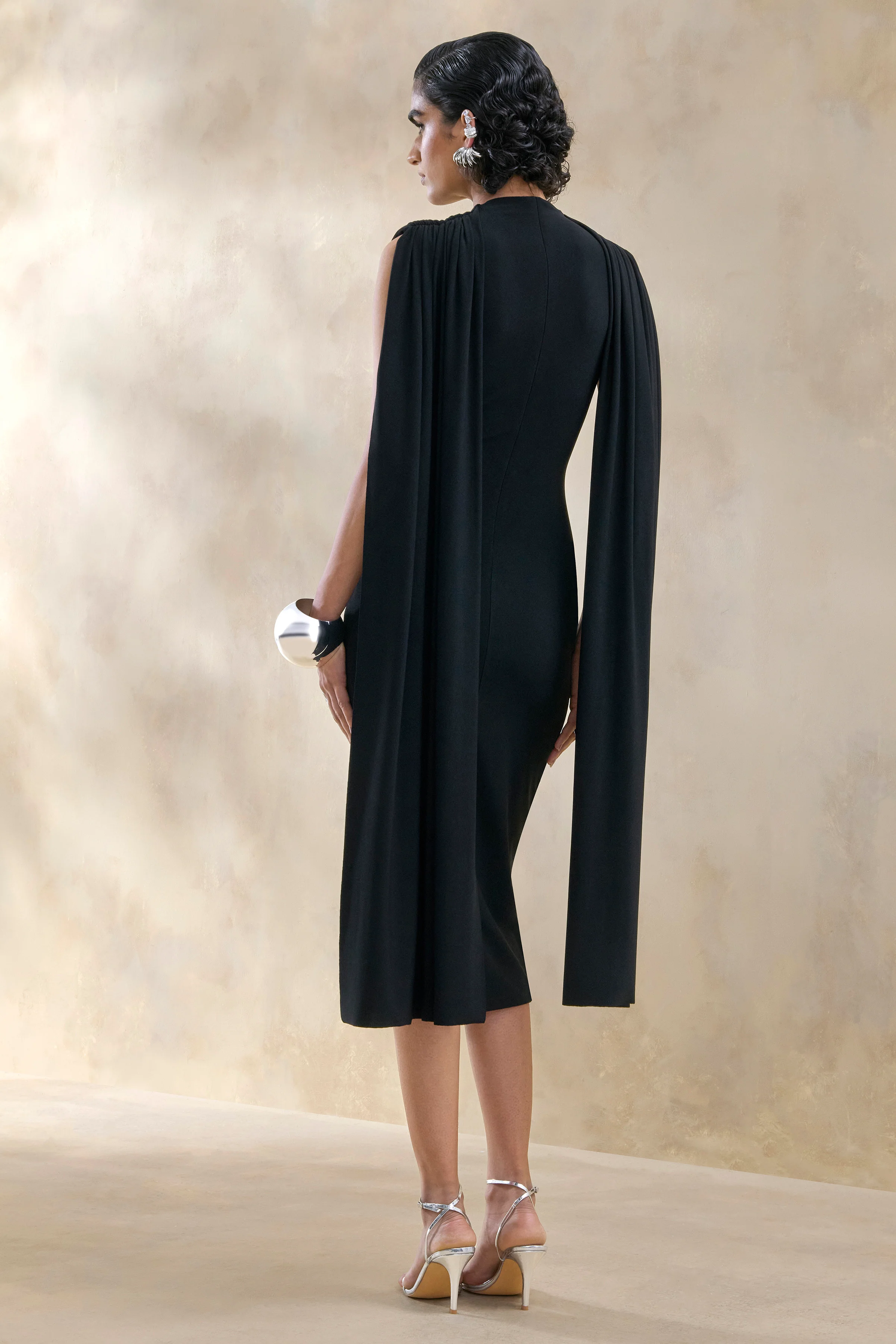 Lysandria | Black High-Neck Midi Dress With Draped-Detailing - Image 2