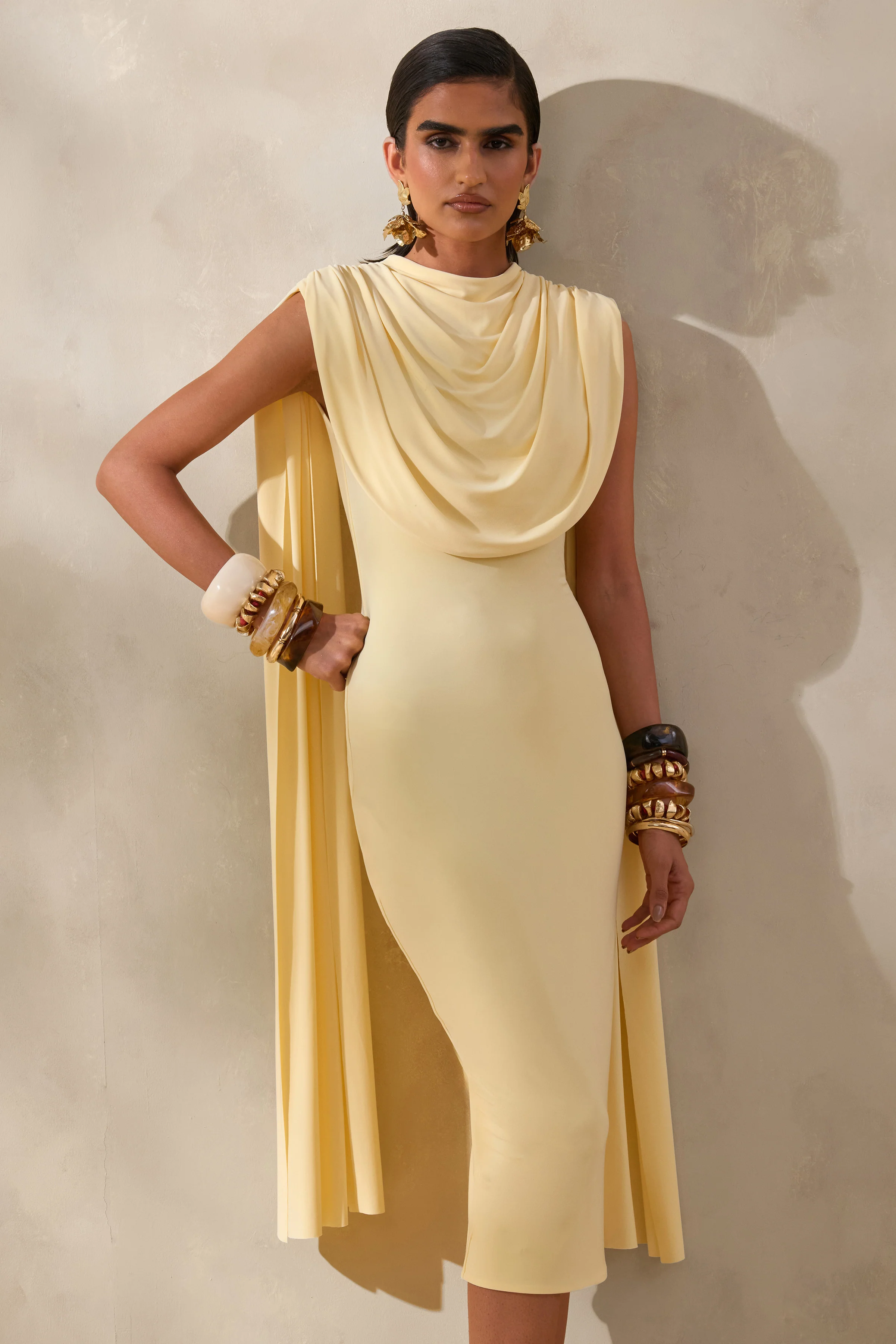 Lysandria | Lemon High-Neck Midi Dress With Draped-Detailing - Image 3