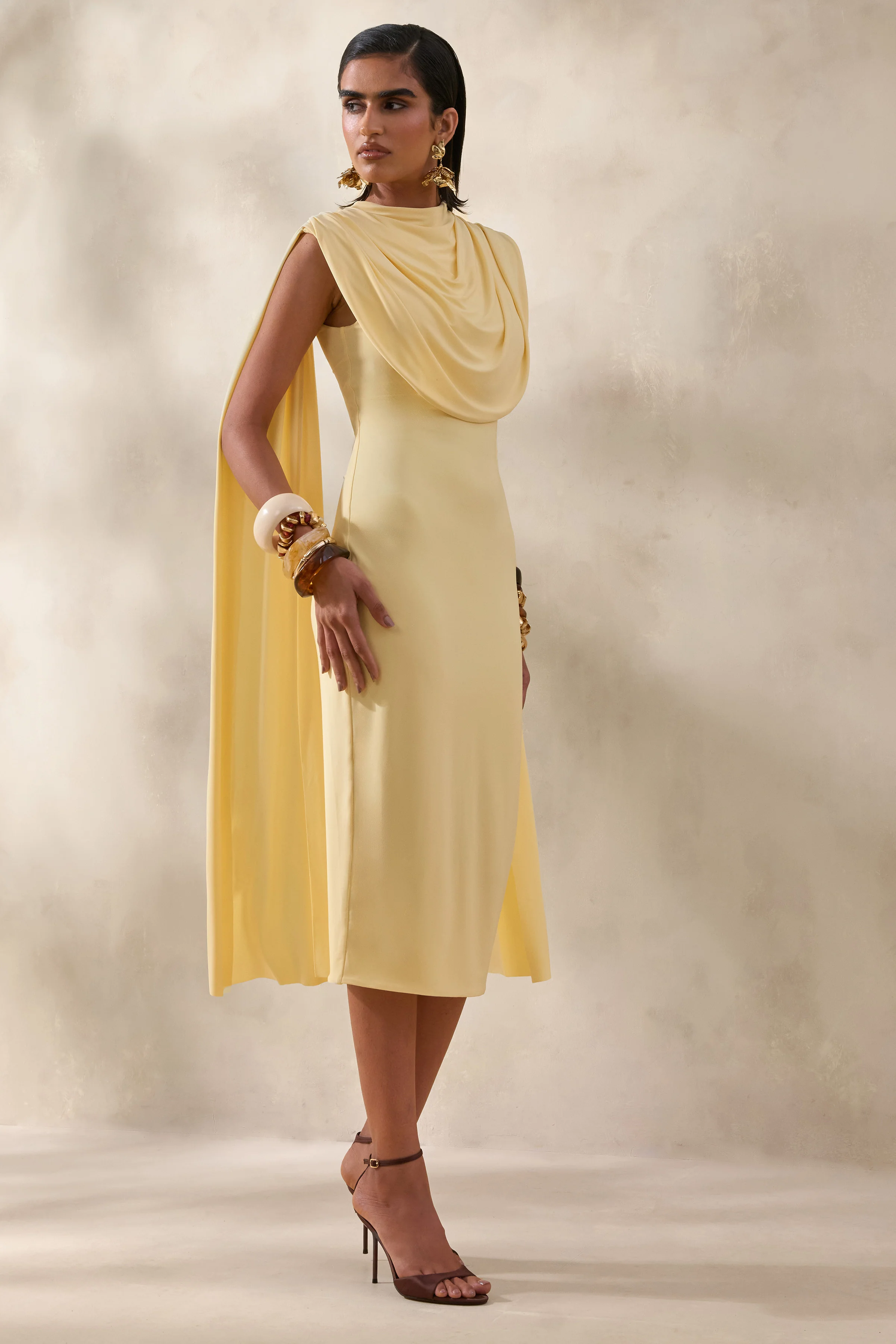 Lysandria | Lemon High-Neck Midi Dress With Draped-Detailing - Image 4