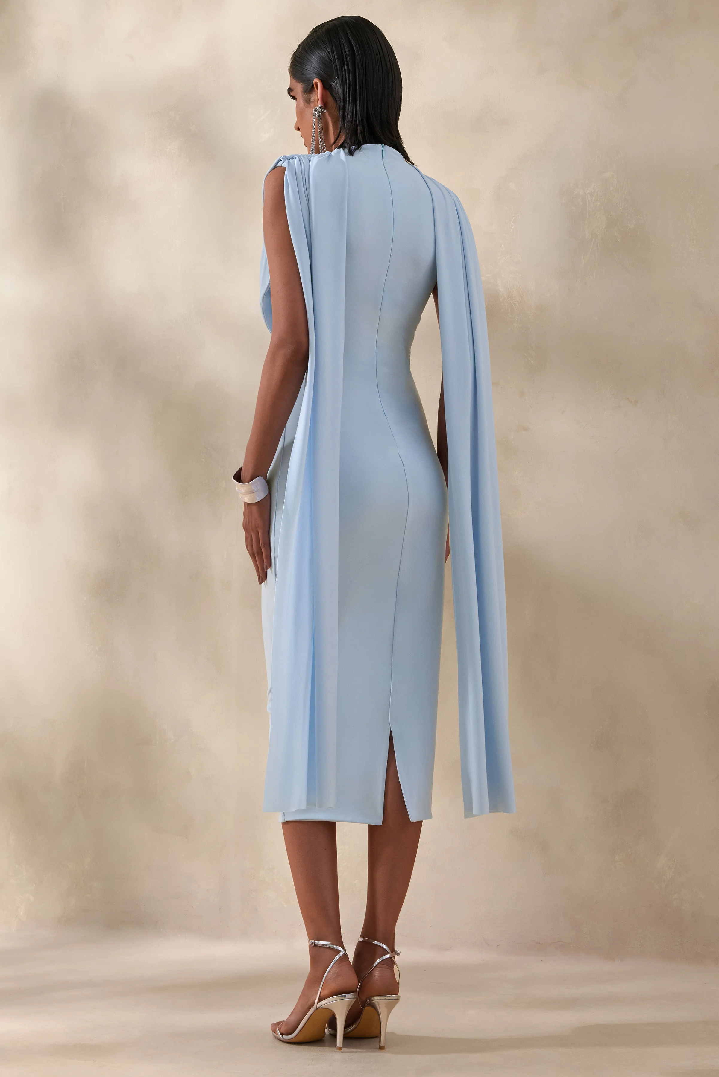Lysandria | Powder Blue High-Neck Midi Dress With Draped-Detailing - Image 2