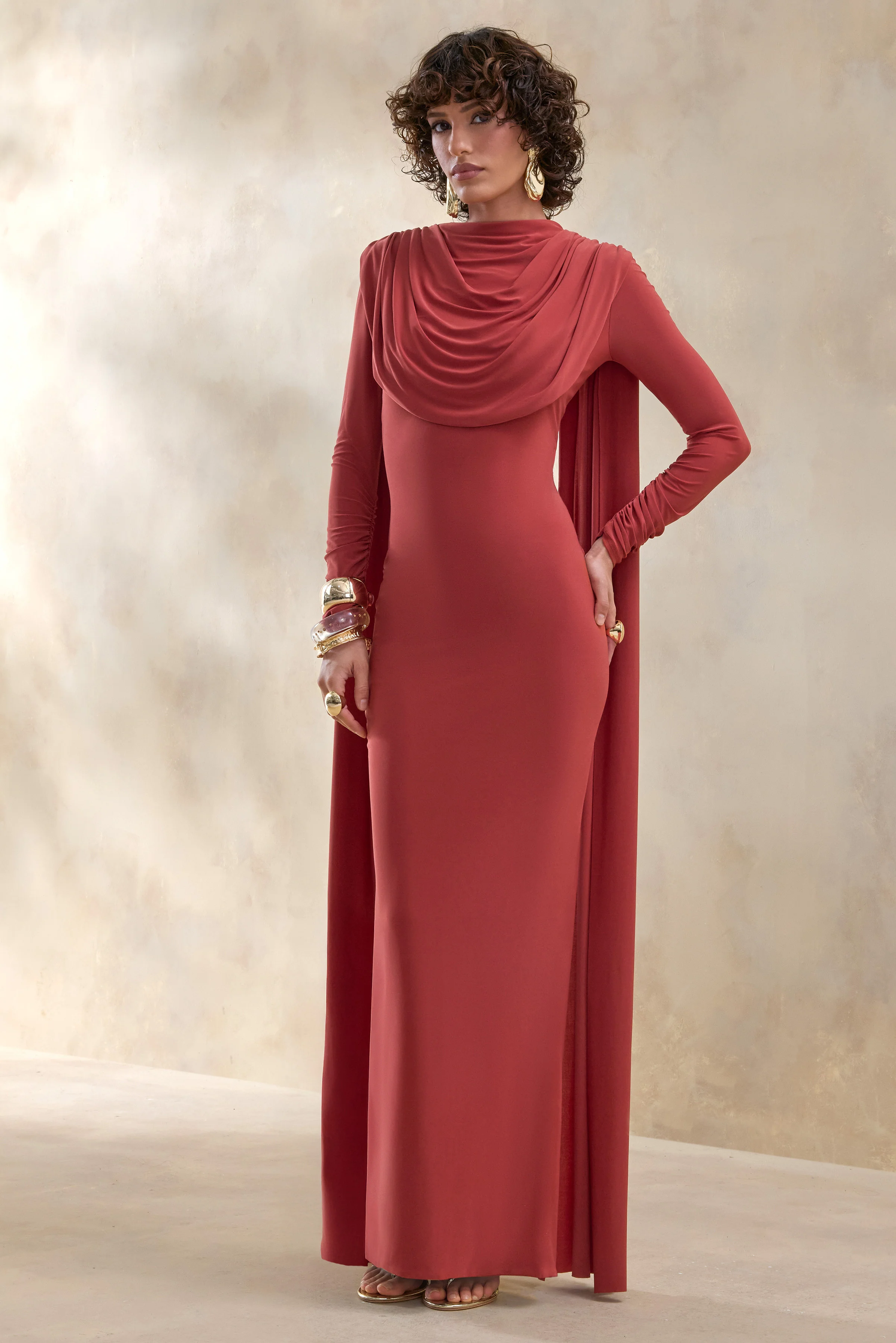 Lysoria | Rust High-Neck Maxi Dress With Draped-Detailing And Cape-Sleeves - Image 4
