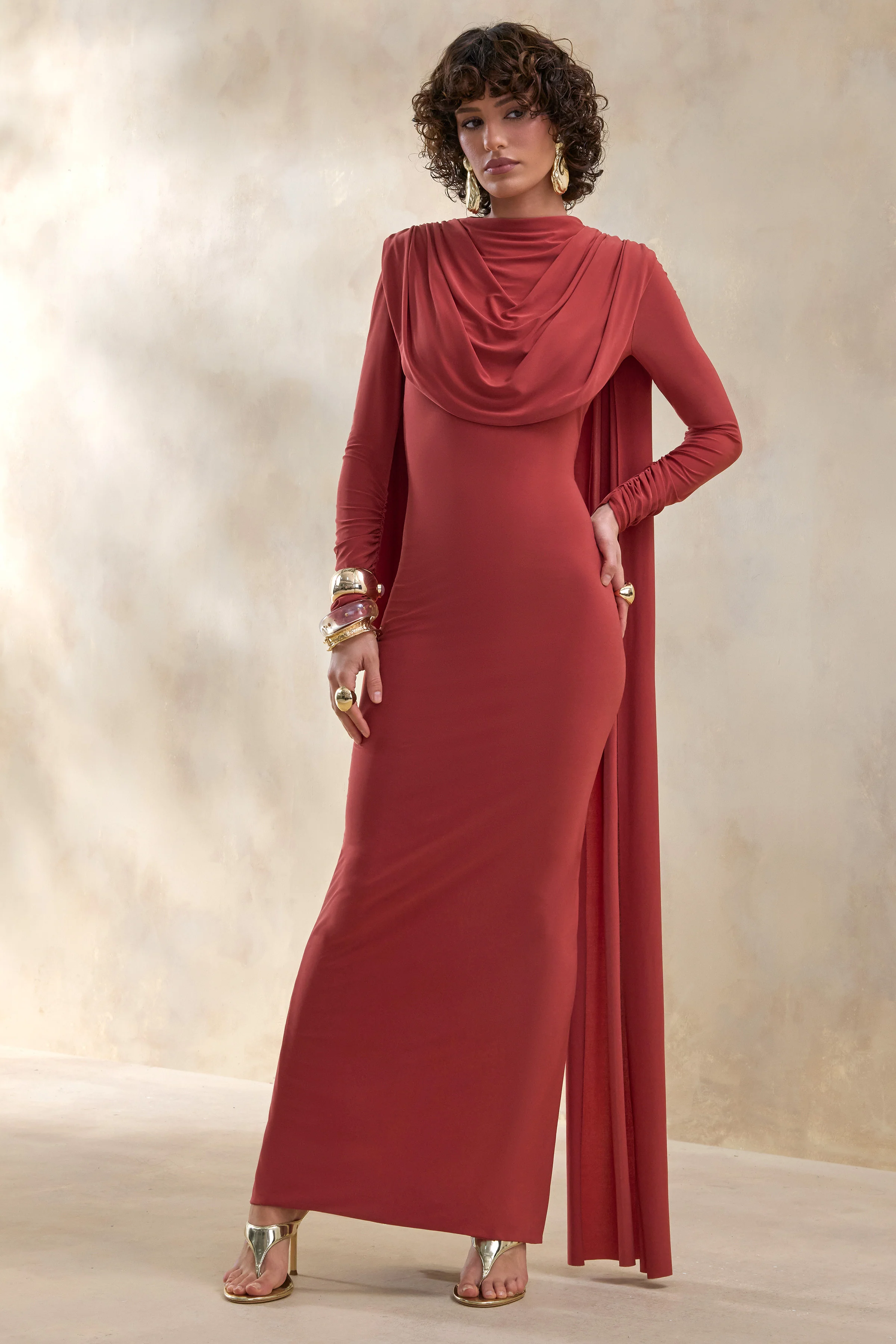 Lysoria | Rust High-Neck Maxi Dress With Draped-Detailing And Cape-Sleeves - Image 5