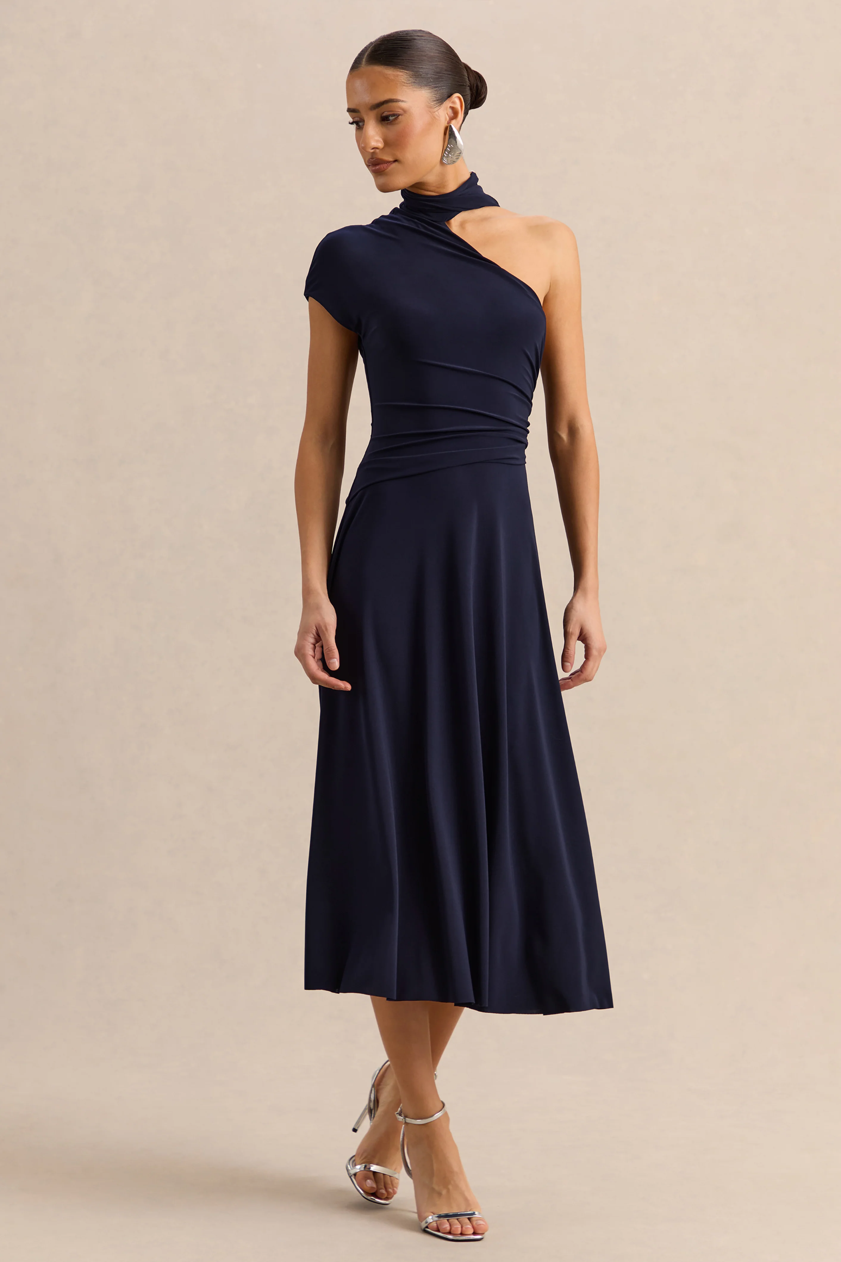 Lythara | Navy Asymmetric-Neck Midi Dress With Scarf-Detail - Image 4