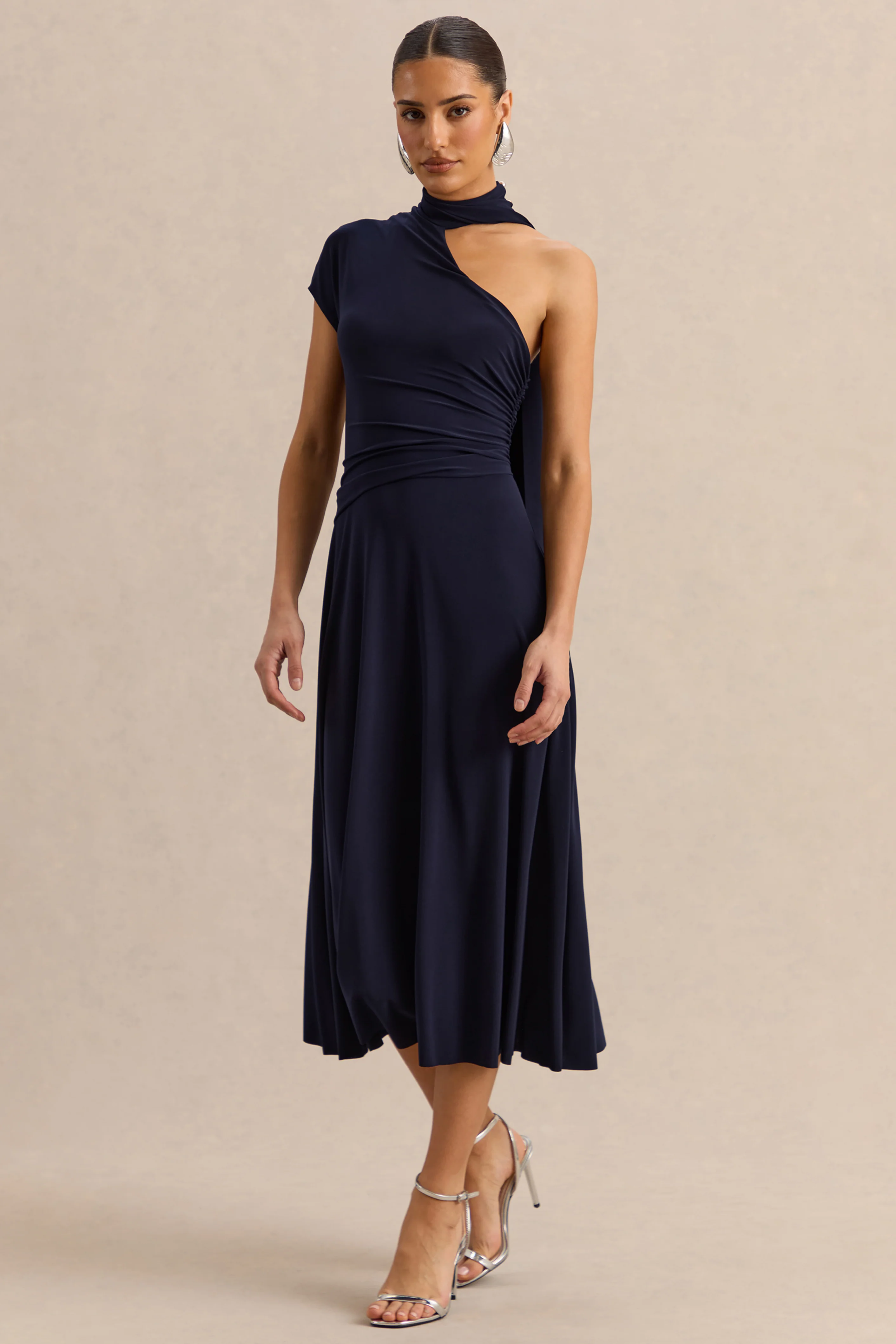 Lythara | Navy Asymmetric-Neck Midi Dress With Scarf-Detail - Image 7