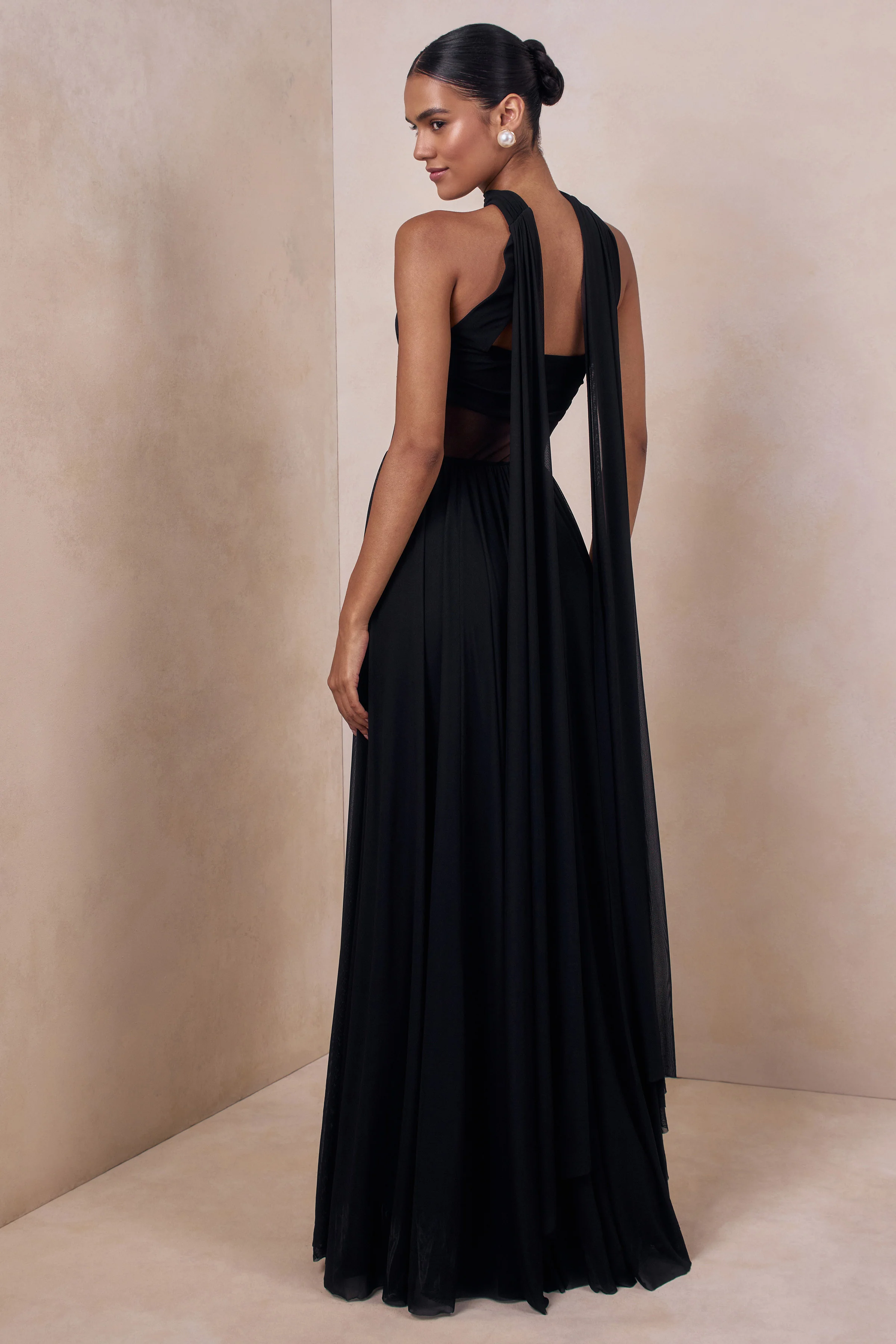 Lyvoria | Black Bandeau Maxi Dress With Mesh-Detail And Scarf - Image 2