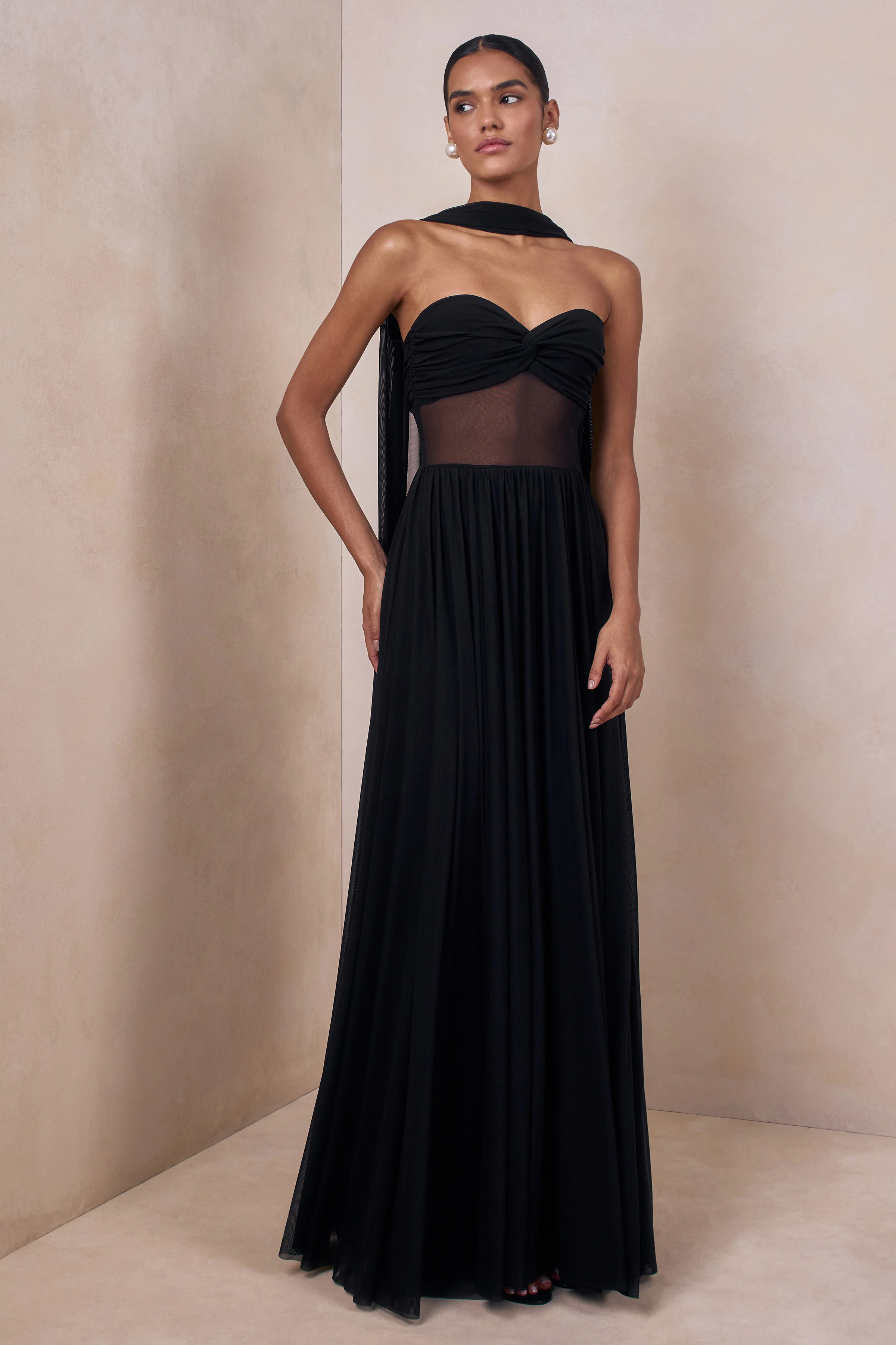 Lyvoria | Black Bandeau Maxi Dress With Mesh-Detail And Scarf - Image 4