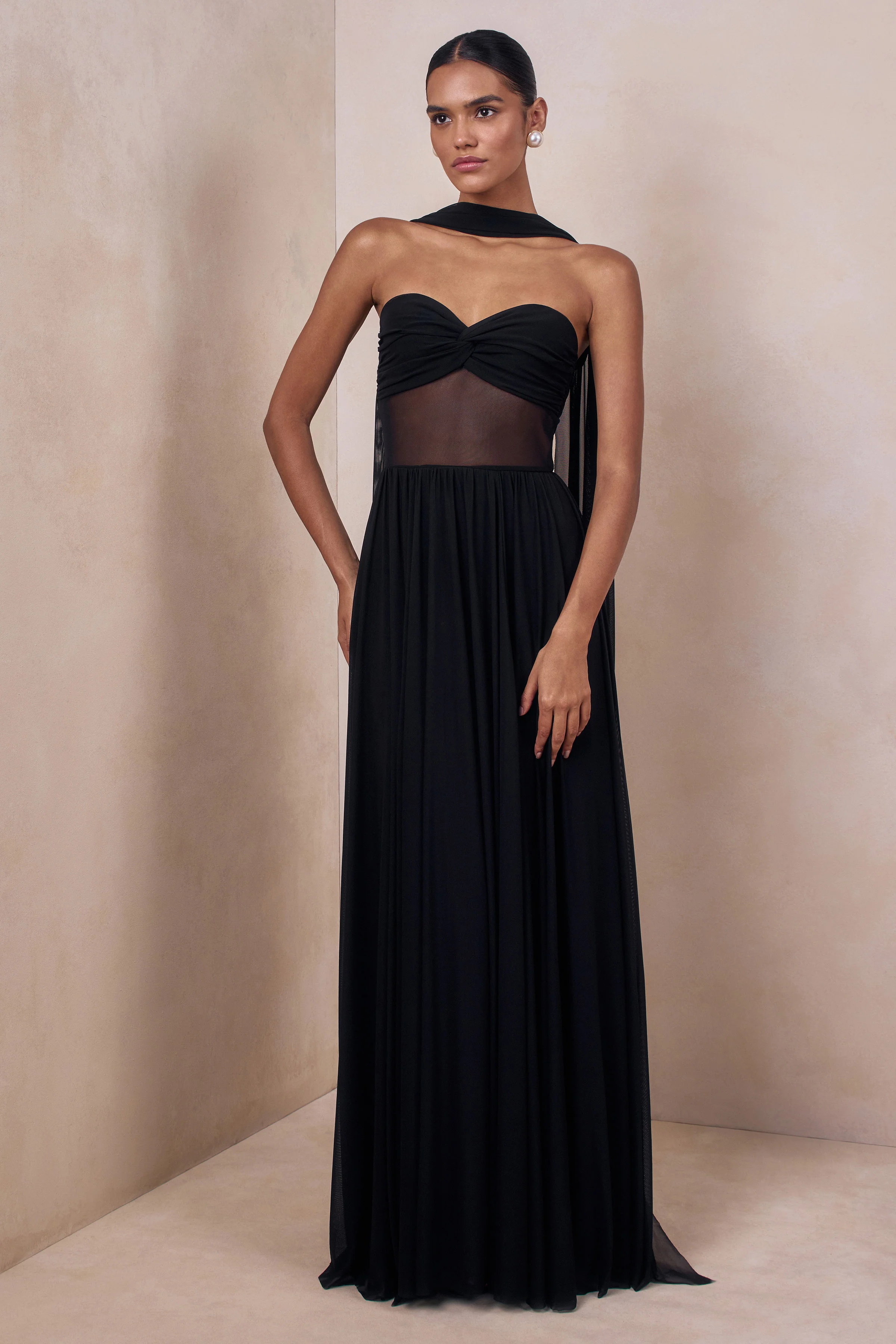 Lyvoria | Black Bandeau Maxi Dress With Mesh-Detail And Scarf - Image 5