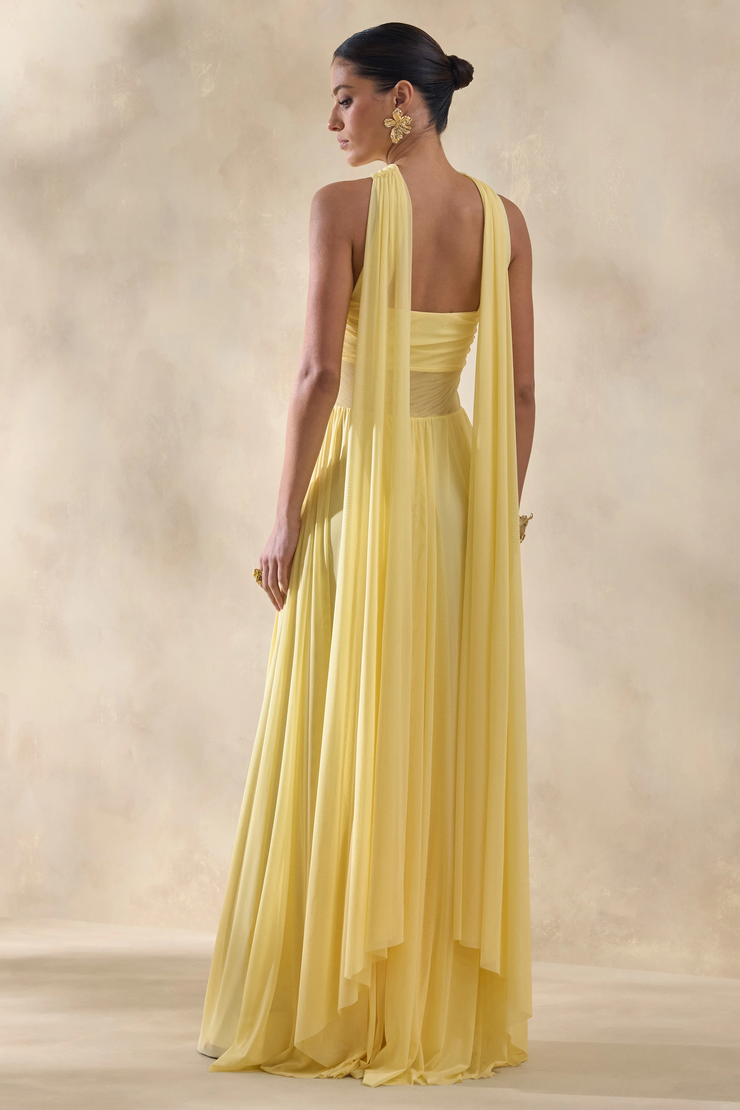 Lyvoria | Lemon Bandeau Maxi Dress With Mesh-Detail And Scarf - Image 2