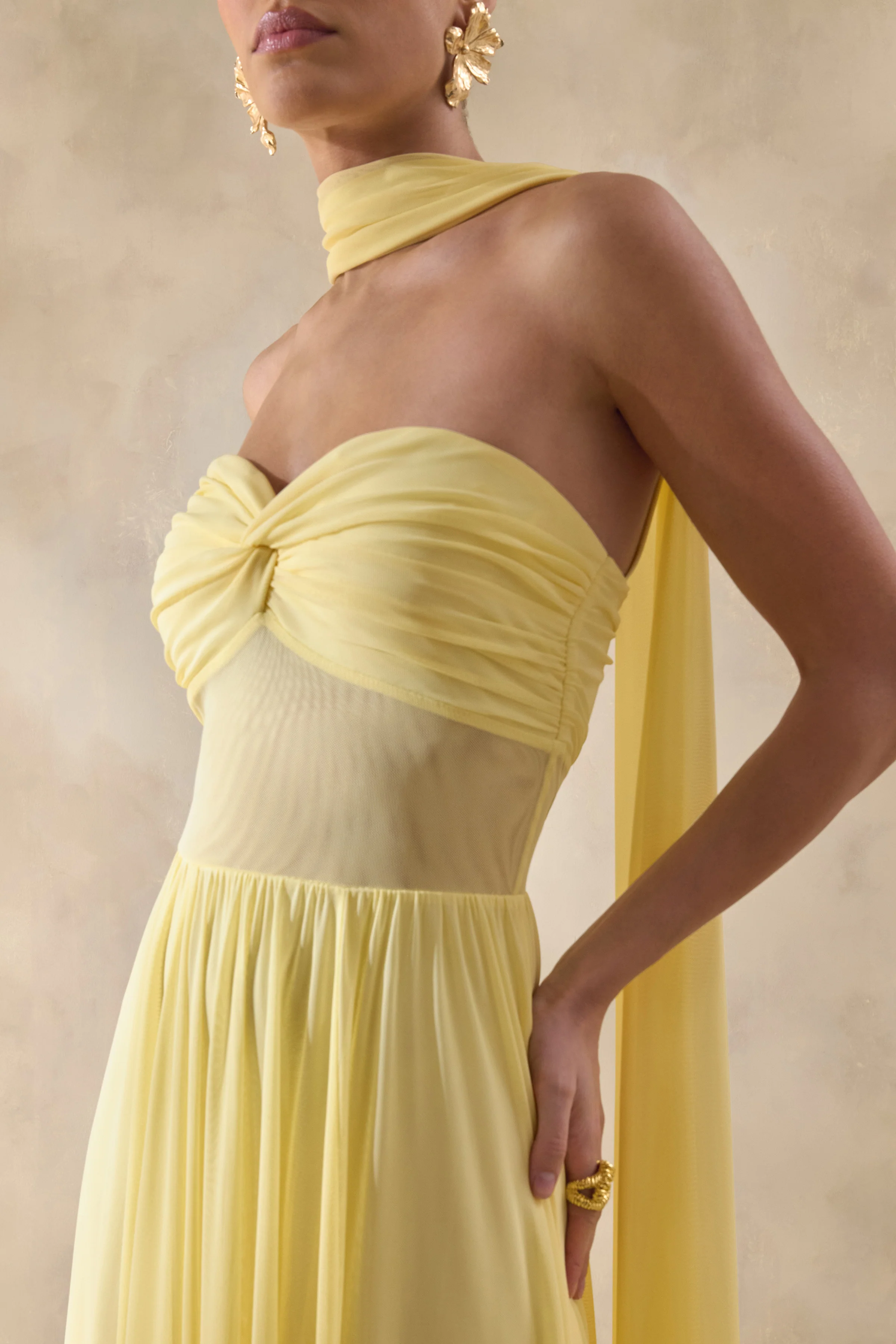 Lyvoria | Lemon Bandeau Maxi Dress With Mesh-Detail And Scarf - Image 3