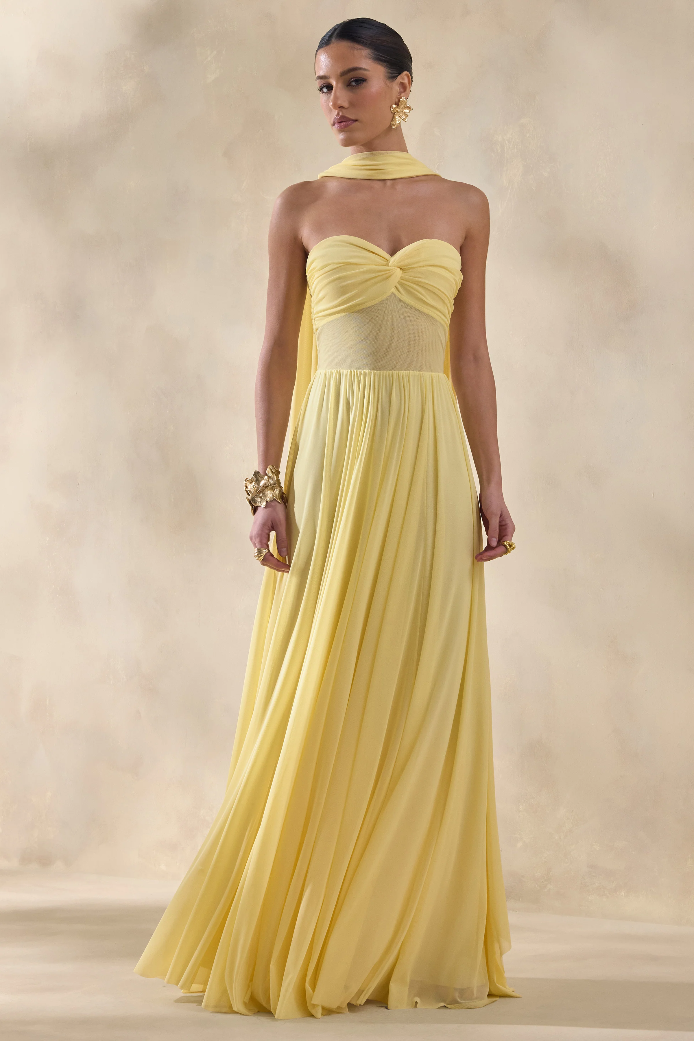 Lyvoria | Lemon Bandeau Maxi Dress With Mesh-Detail And Scarf - Image 4