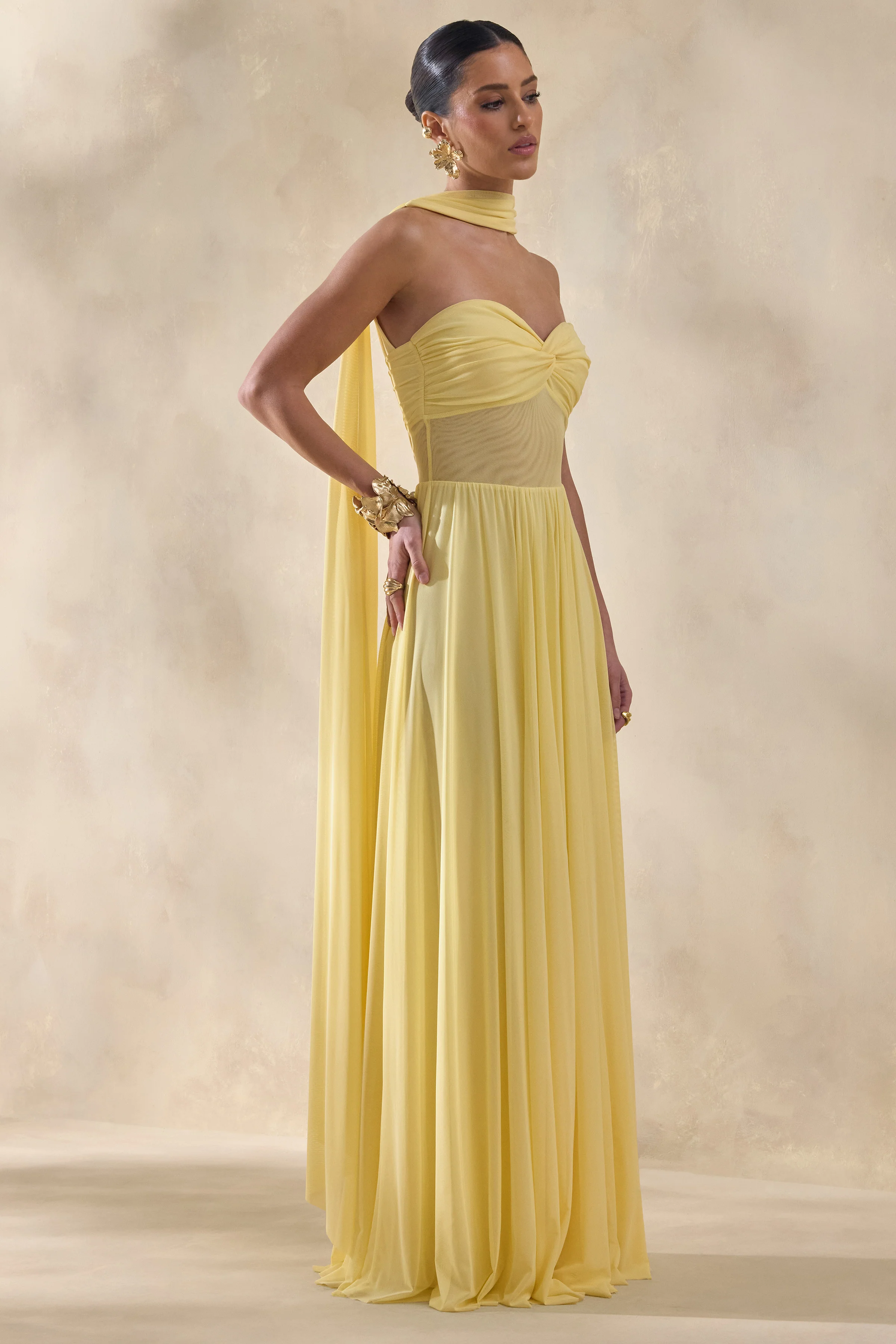 Lyvoria | Lemon Bandeau Maxi Dress With Mesh-Detail And Scarf - Image 5