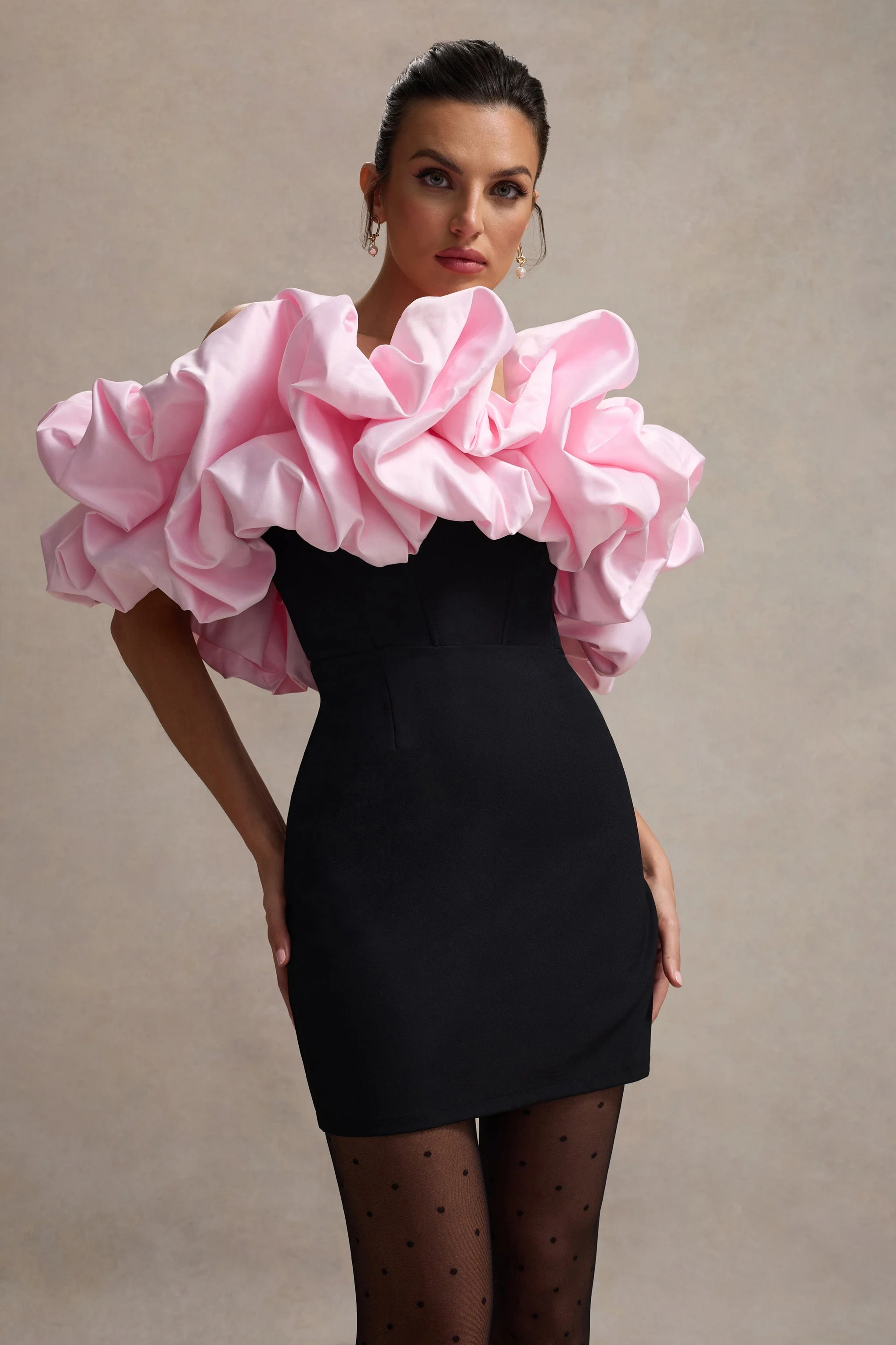 Macaron | Black Bardot Mini Dress With Pink Ruffle Trim - Image 3