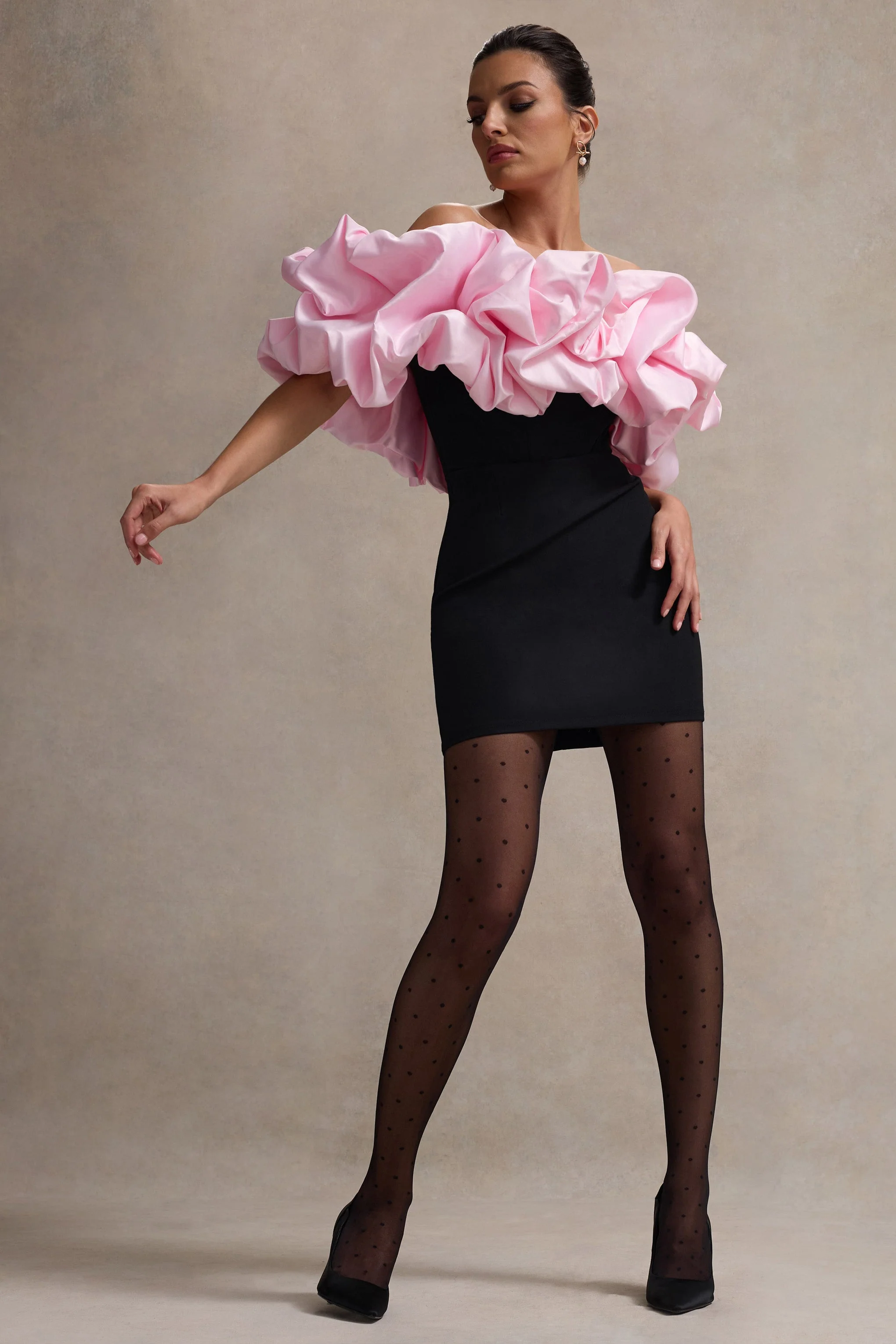 Macaron | Black Bardot Mini Dress With Pink Ruffle Trim - Image 7