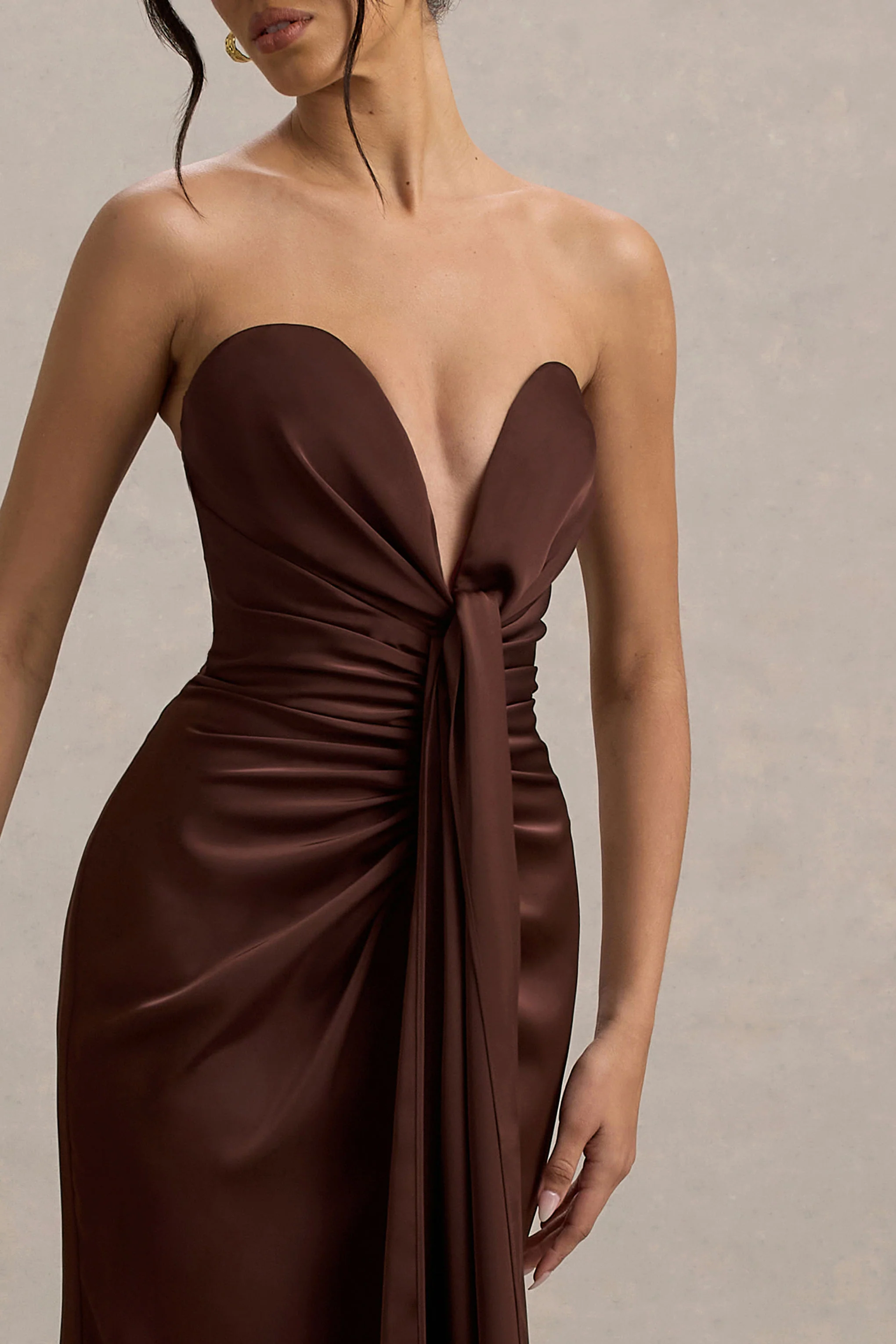 Mackenzie | Brown Satin Plunge-Neck Draped Maxi Dress - Image 3