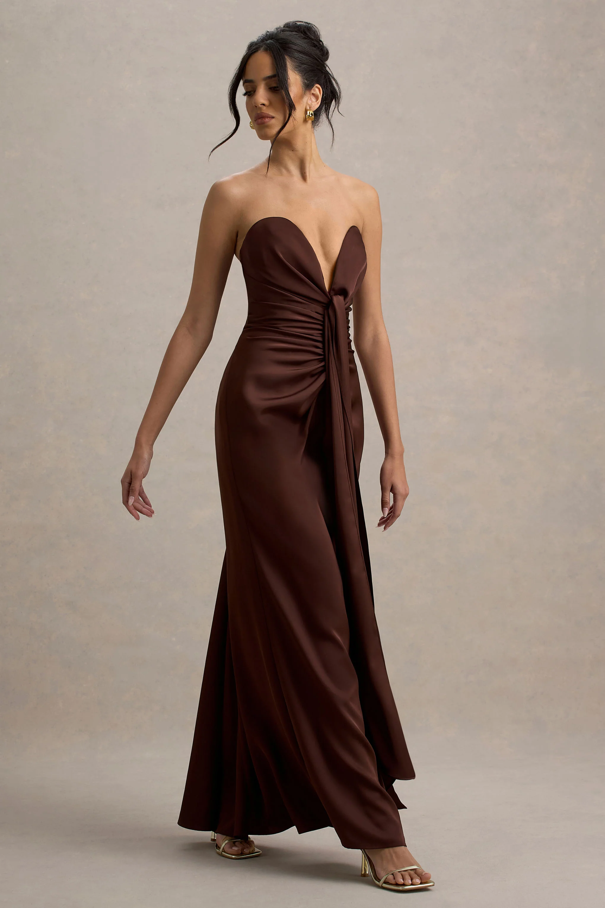 Mackenzie | Brown Satin Plunge-Neck Draped Maxi Dress - Image 4