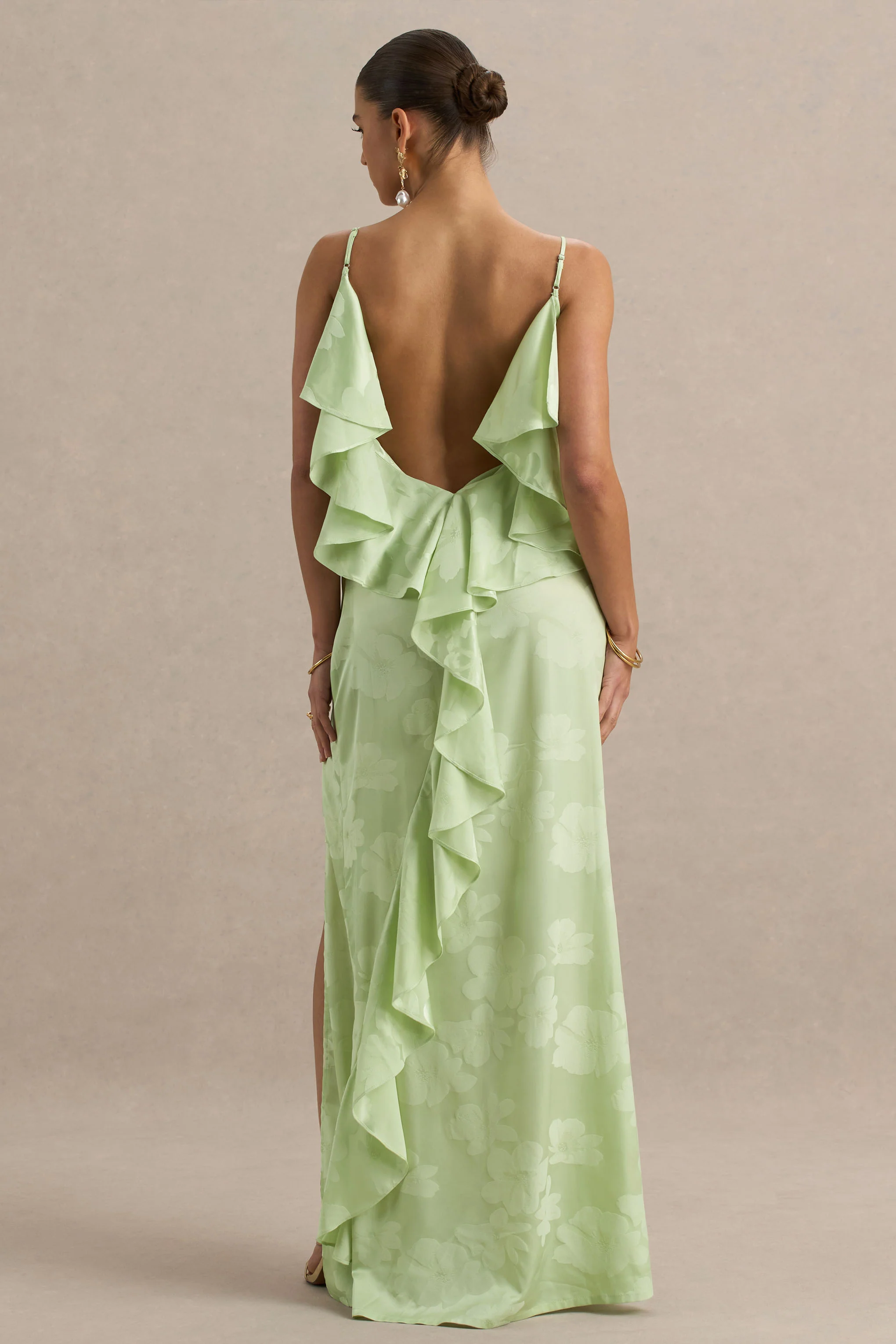 Maddie | Light Green Floral Print Satin Cowl-Neck Maxi Dress - Image 2