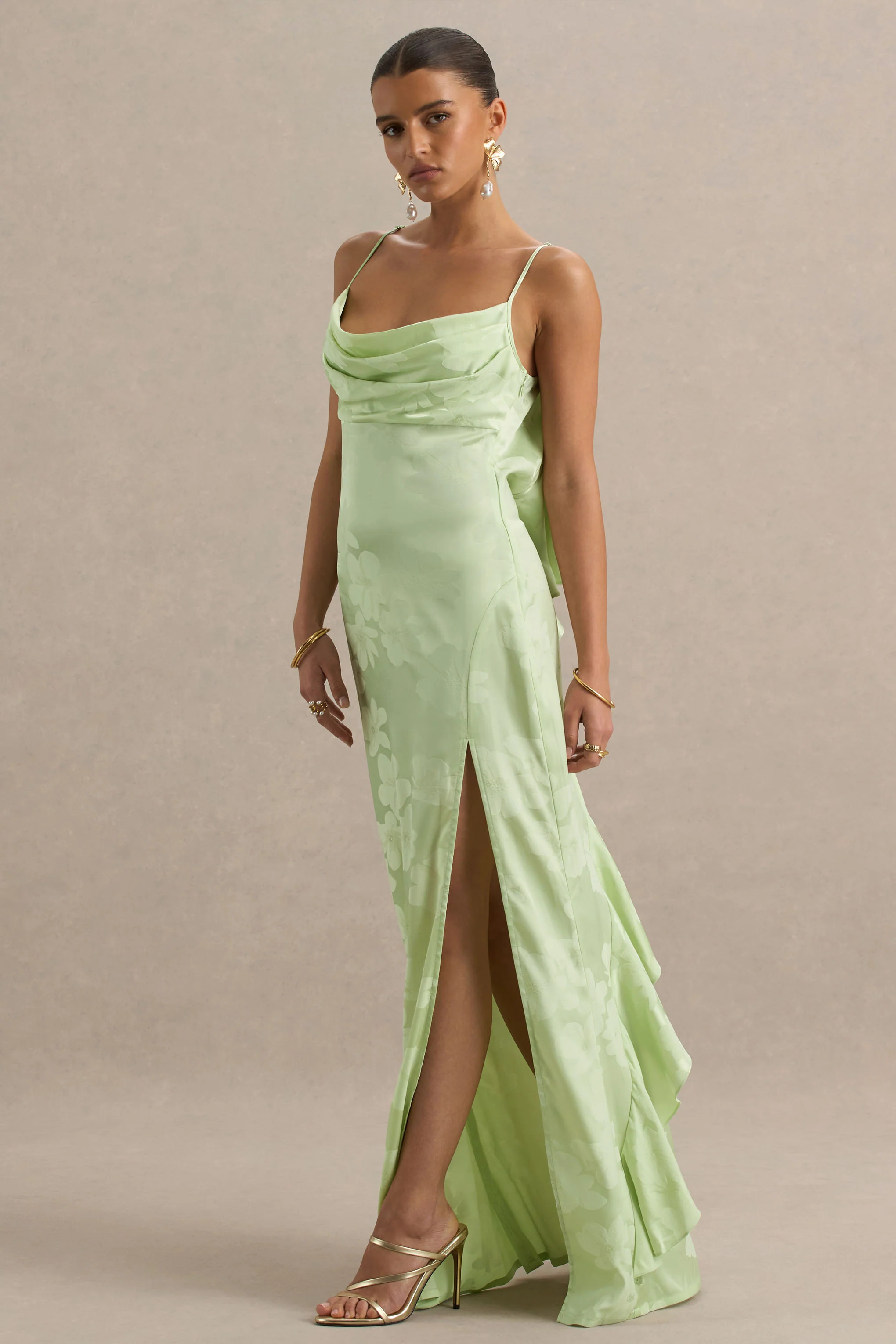 Maddie | Light Green Floral Print Satin Cowl-Neck Maxi Dress - Image 3
