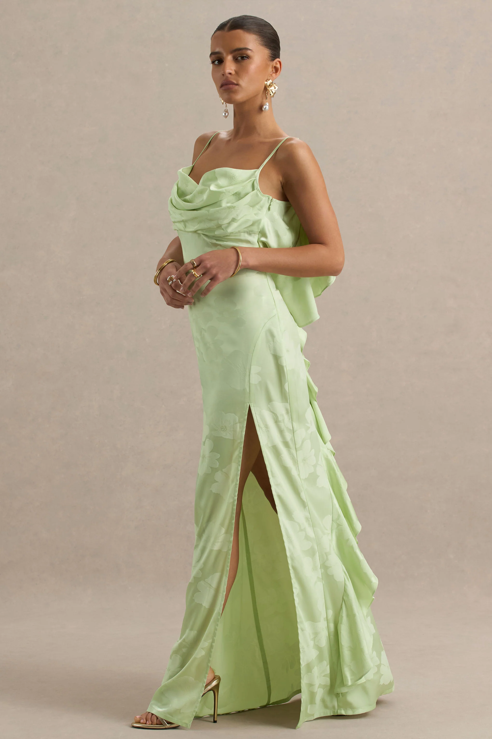 Maddie | Light Green Floral Print Satin Cowl-Neck Maxi Dress - Image 5