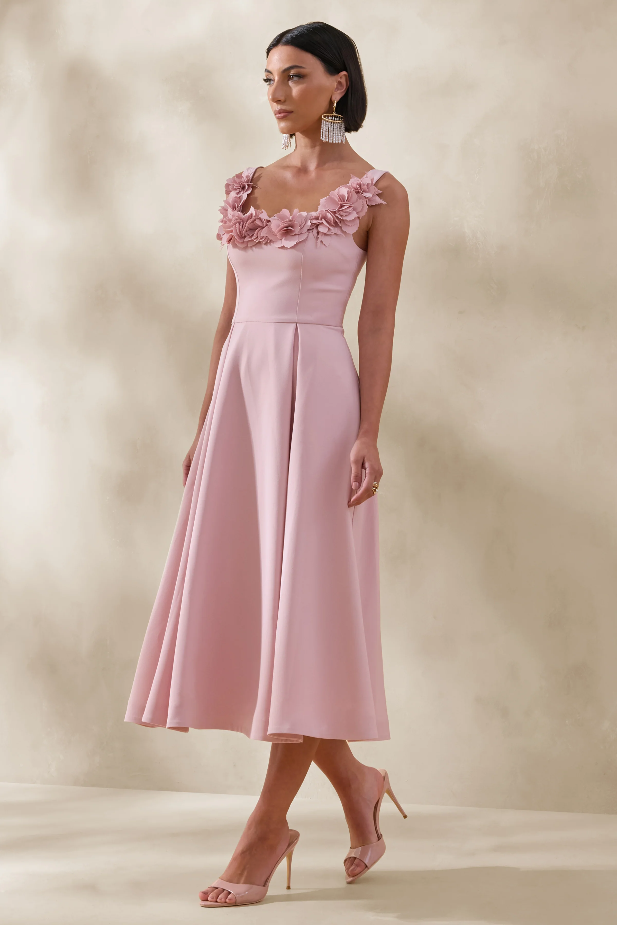 Maelle | Pink Scoop-Neck Midi Dress With Corsage Detailing - Image 4