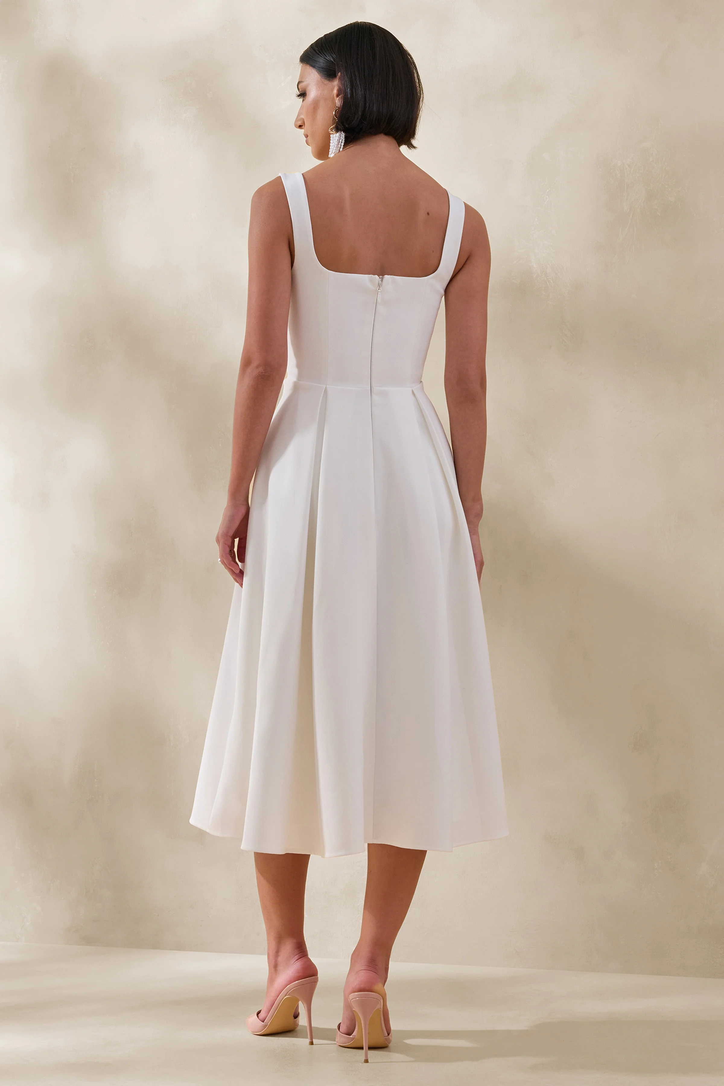Maelle | White Scoop-Neck Midi Dress With Corsage Detailing - Image 2