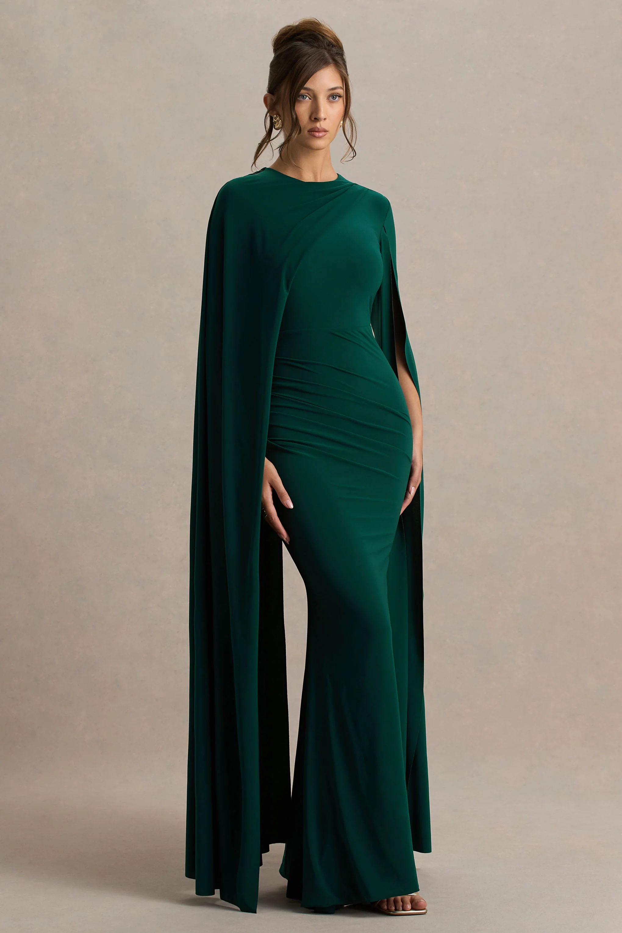 Magdelena | Bottle Green Asymmetric Cape Maxi Dress - Image 4