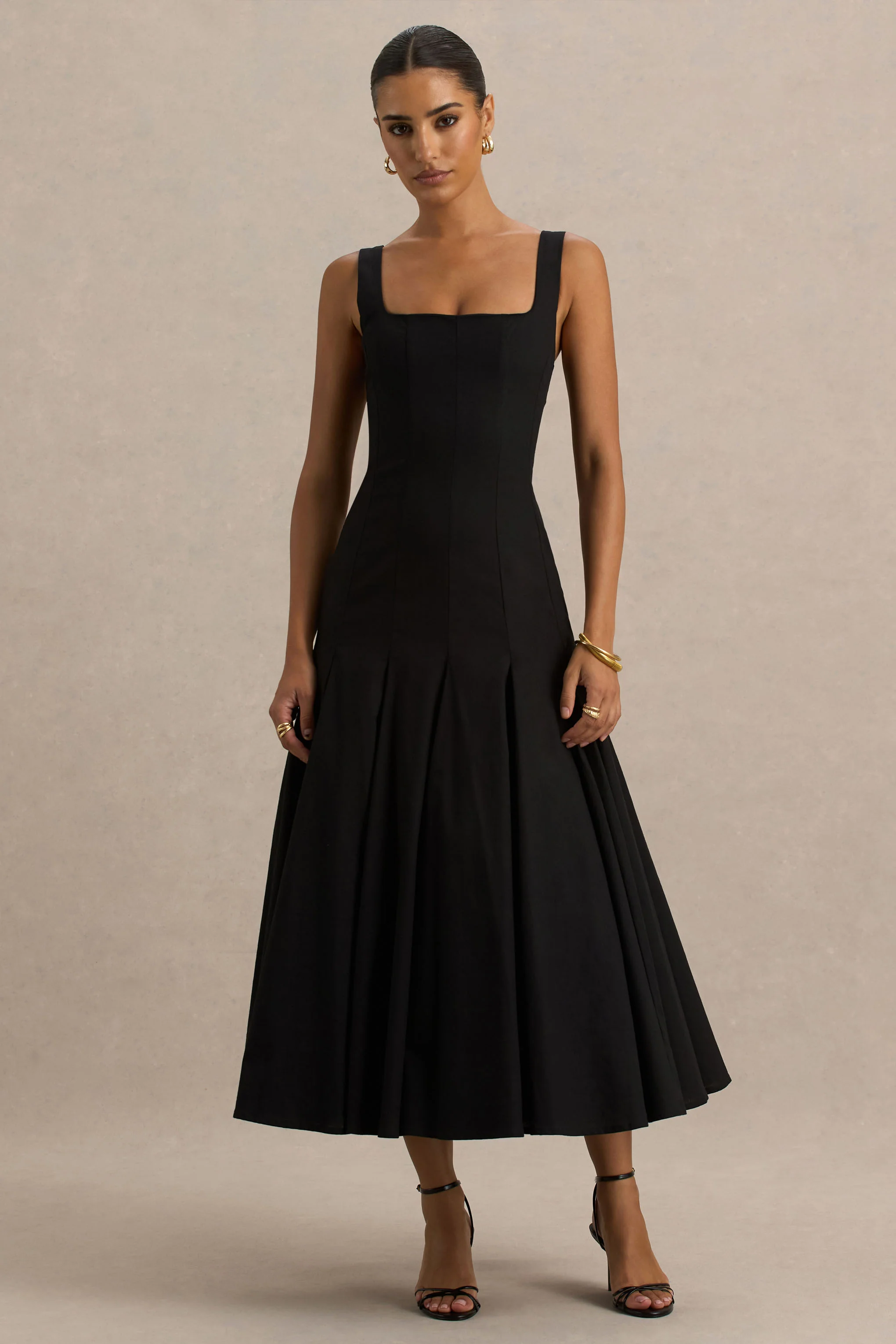 Magnolia | Black Scoop-Neck Midi Dress With Drop-Waist And Ruffling Detail - Image 4