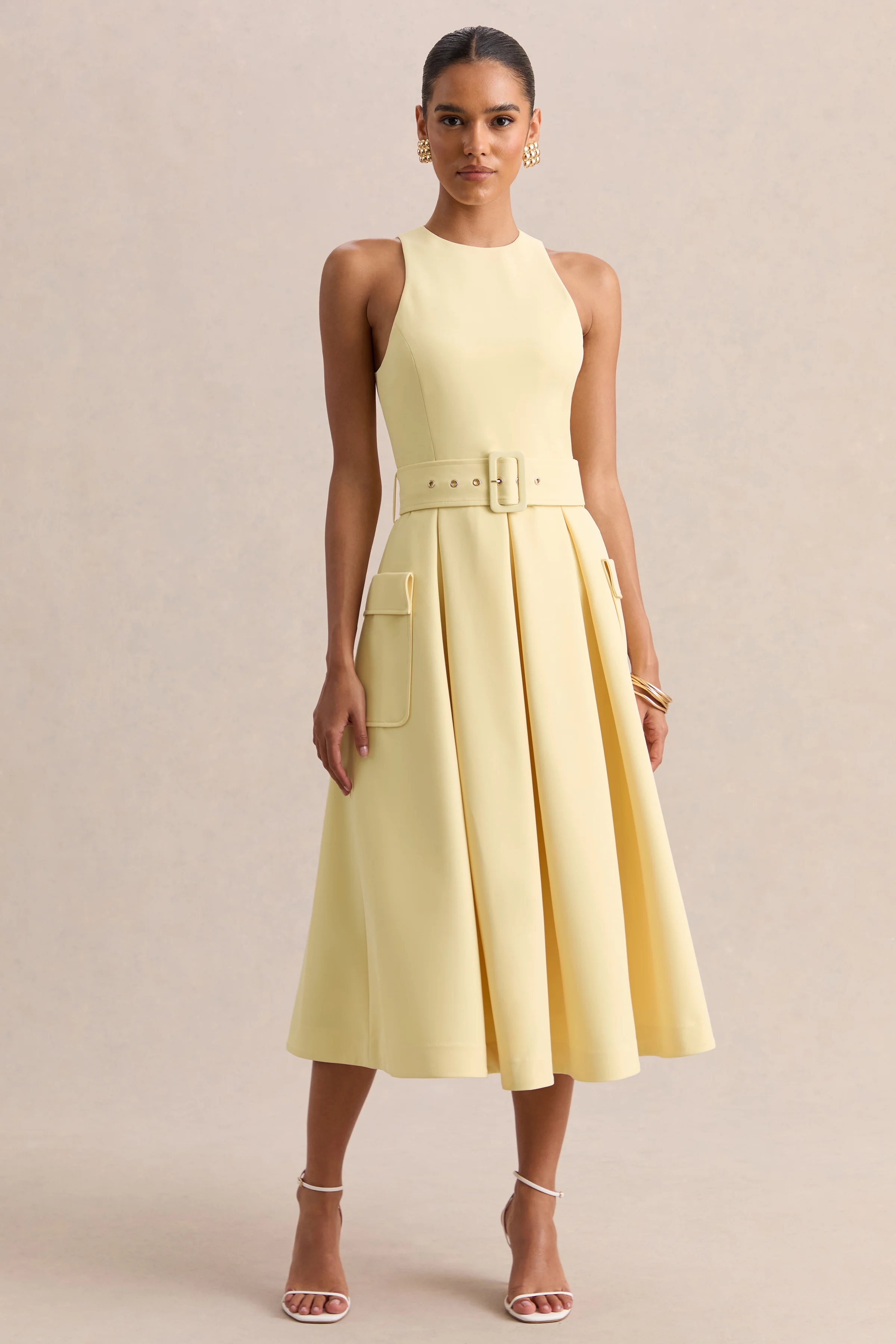 Magnora | Lemon Crew-Neck Belted Midi Dress - Image 4