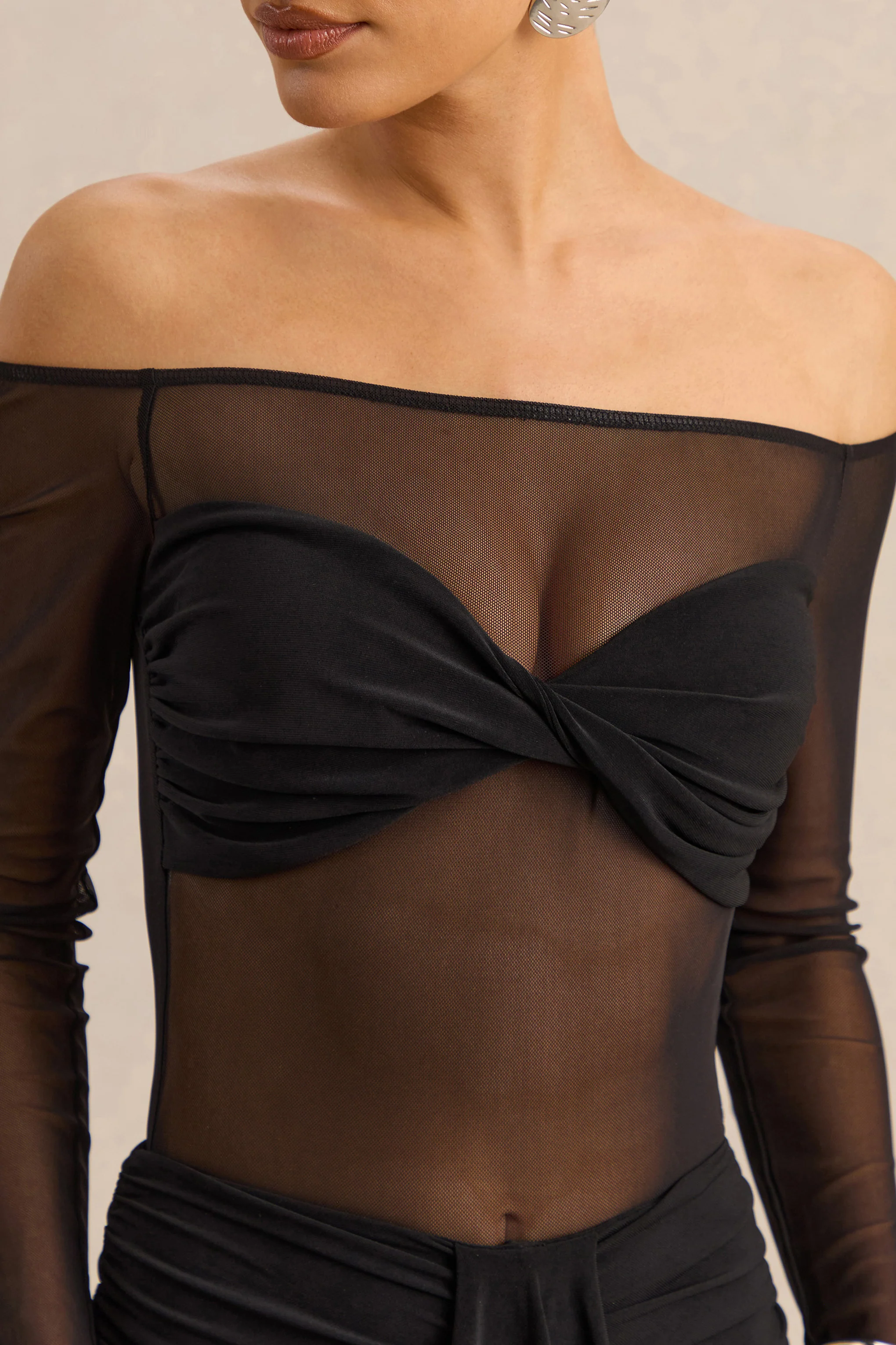Maira | Black Mesh Bardot-Neck Thong Bodysuit - Image 3