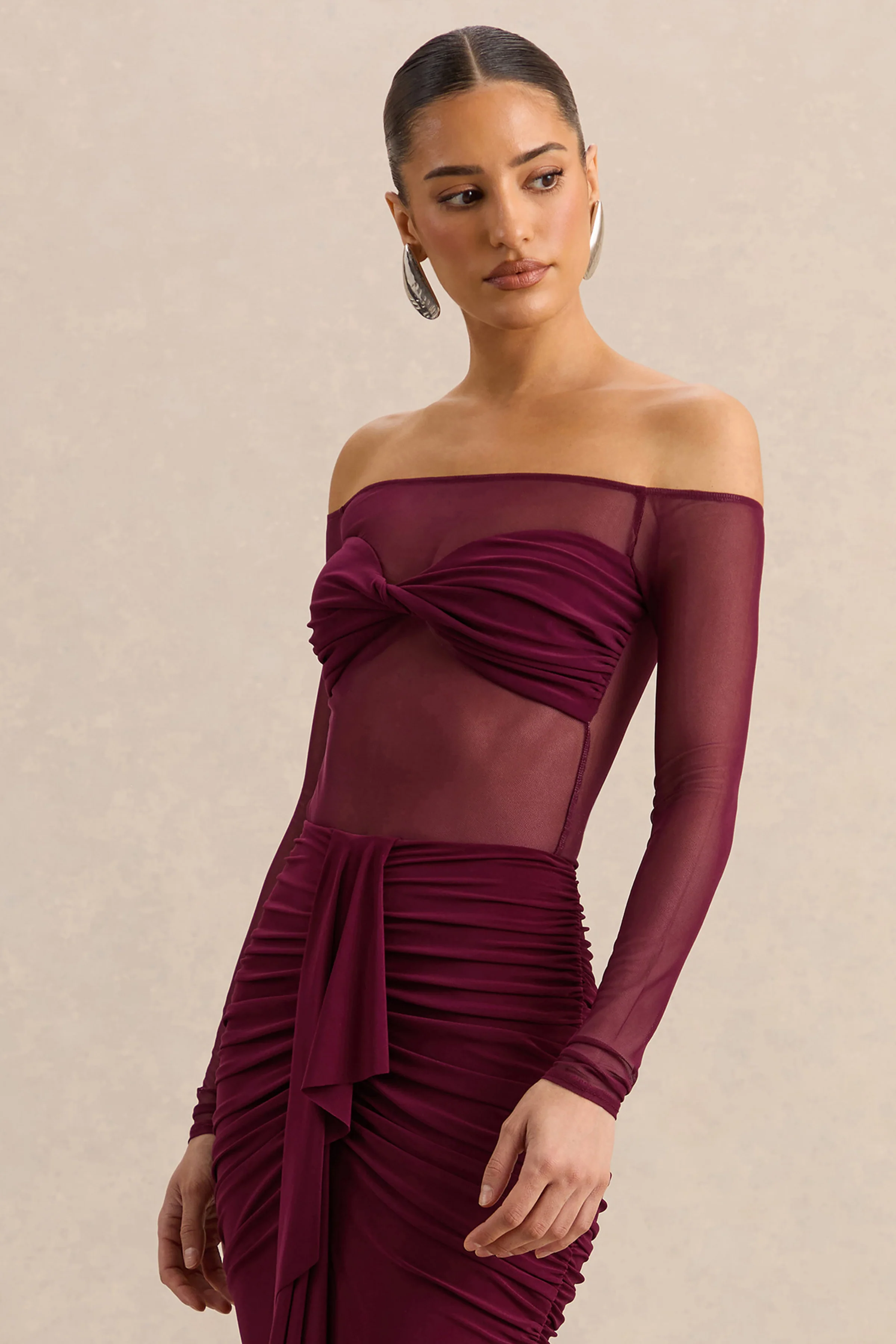 Maira | Burgundy Mesh Bardot-Neck Thong Bodysuit - Image 5