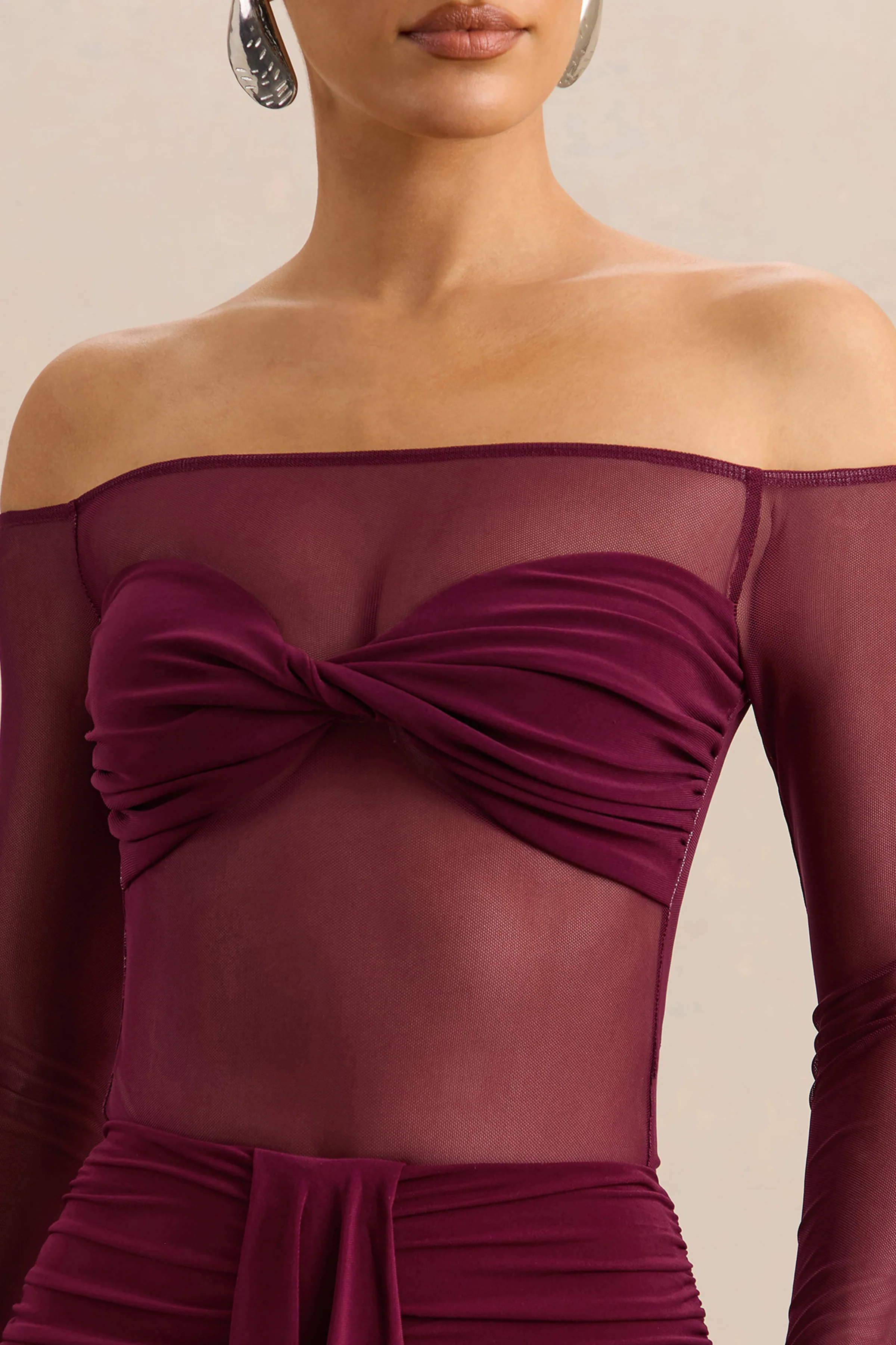 Maira | Burgundy Mesh Bardot-Neck Thong Bodysuit - Image 6