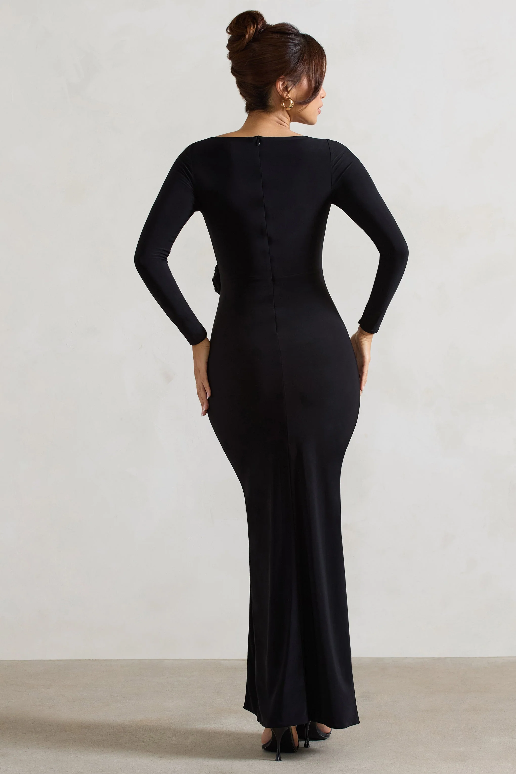 Makayla | Black Long-Sleeve Wrap Maxi Dress With Corsages - Image 2