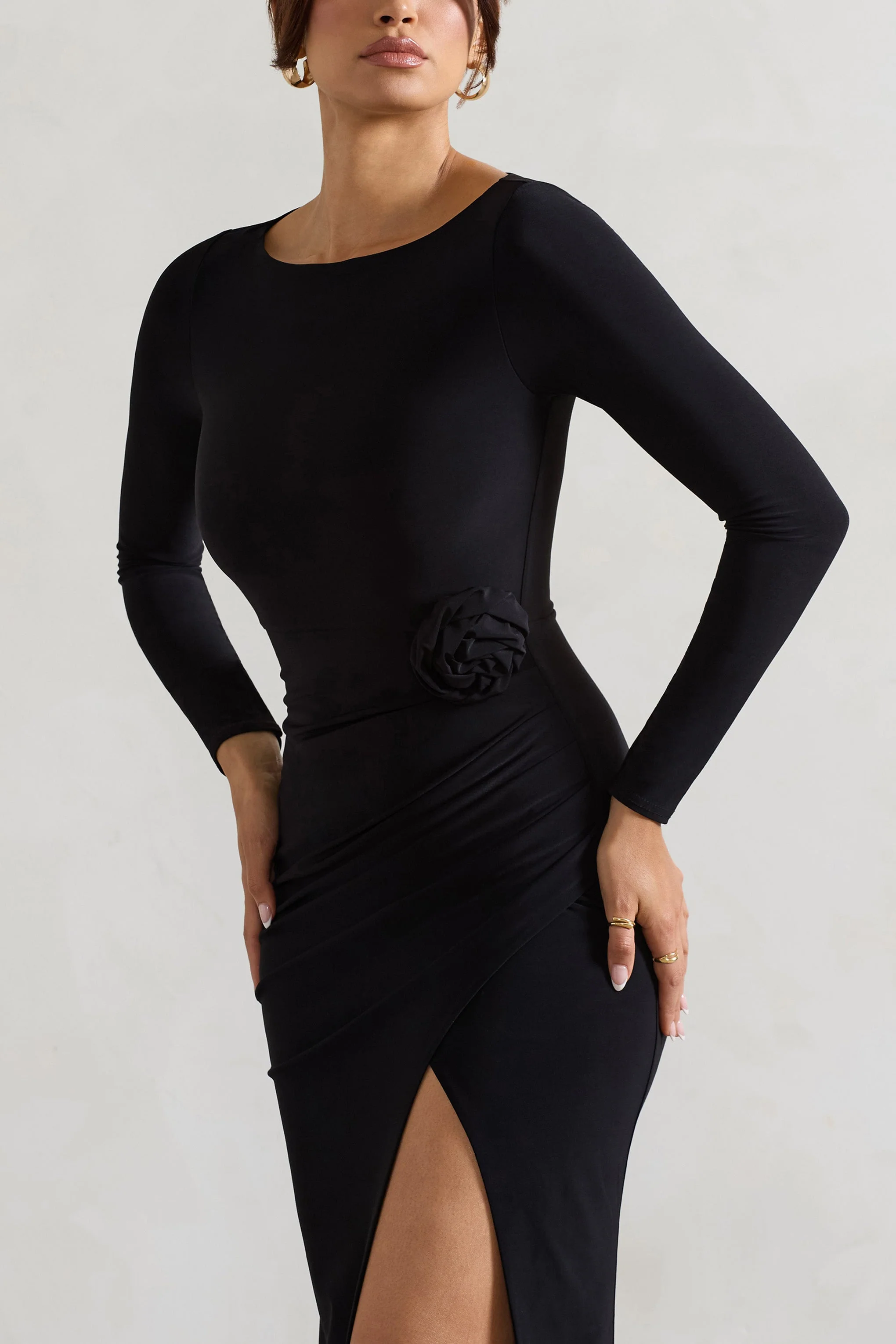 Makayla | Black Long-Sleeve Wrap Maxi Dress With Corsages - Image 3
