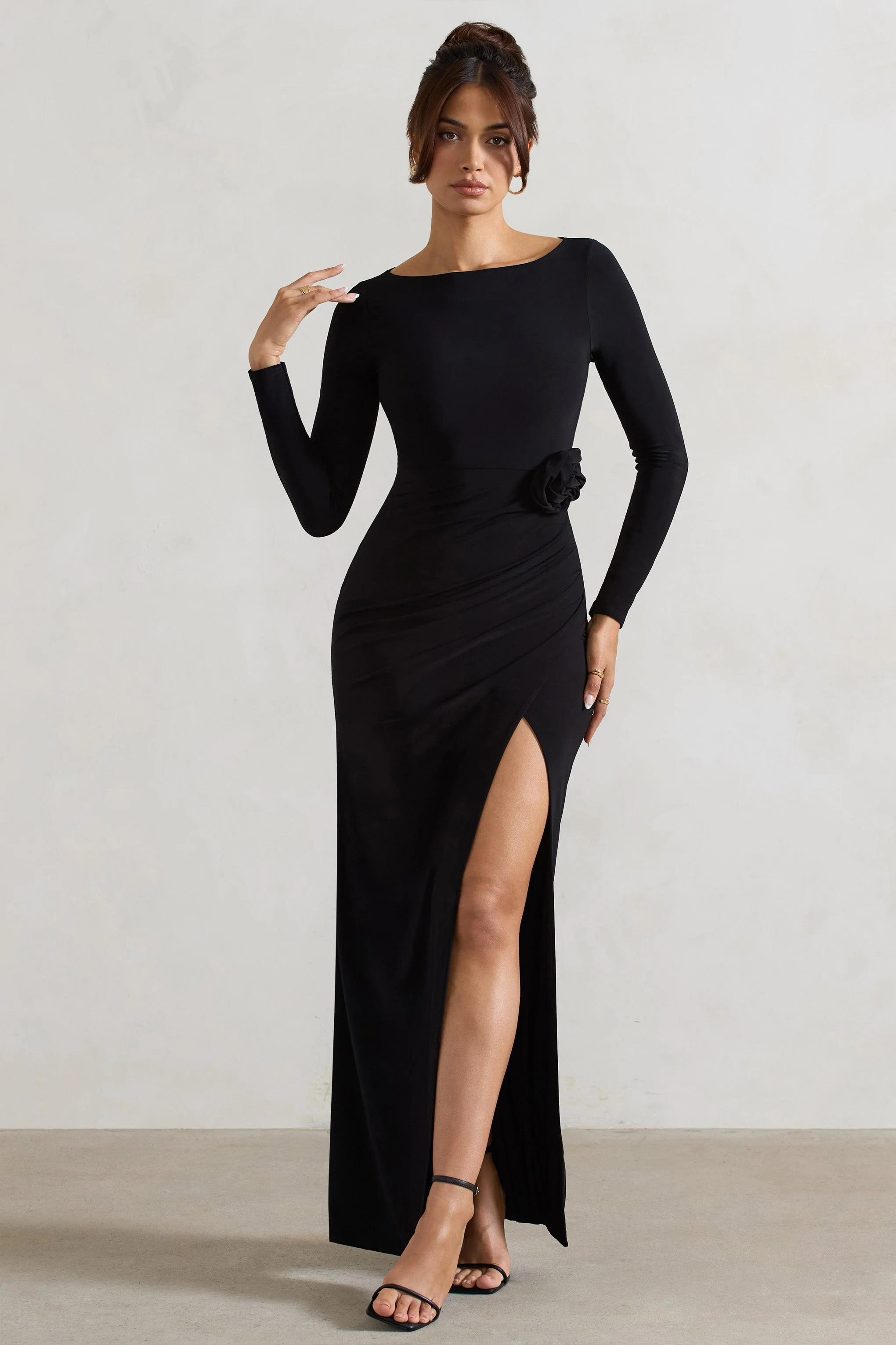 Makayla | Black Long-Sleeve Wrap Maxi Dress With Corsages - Image 4