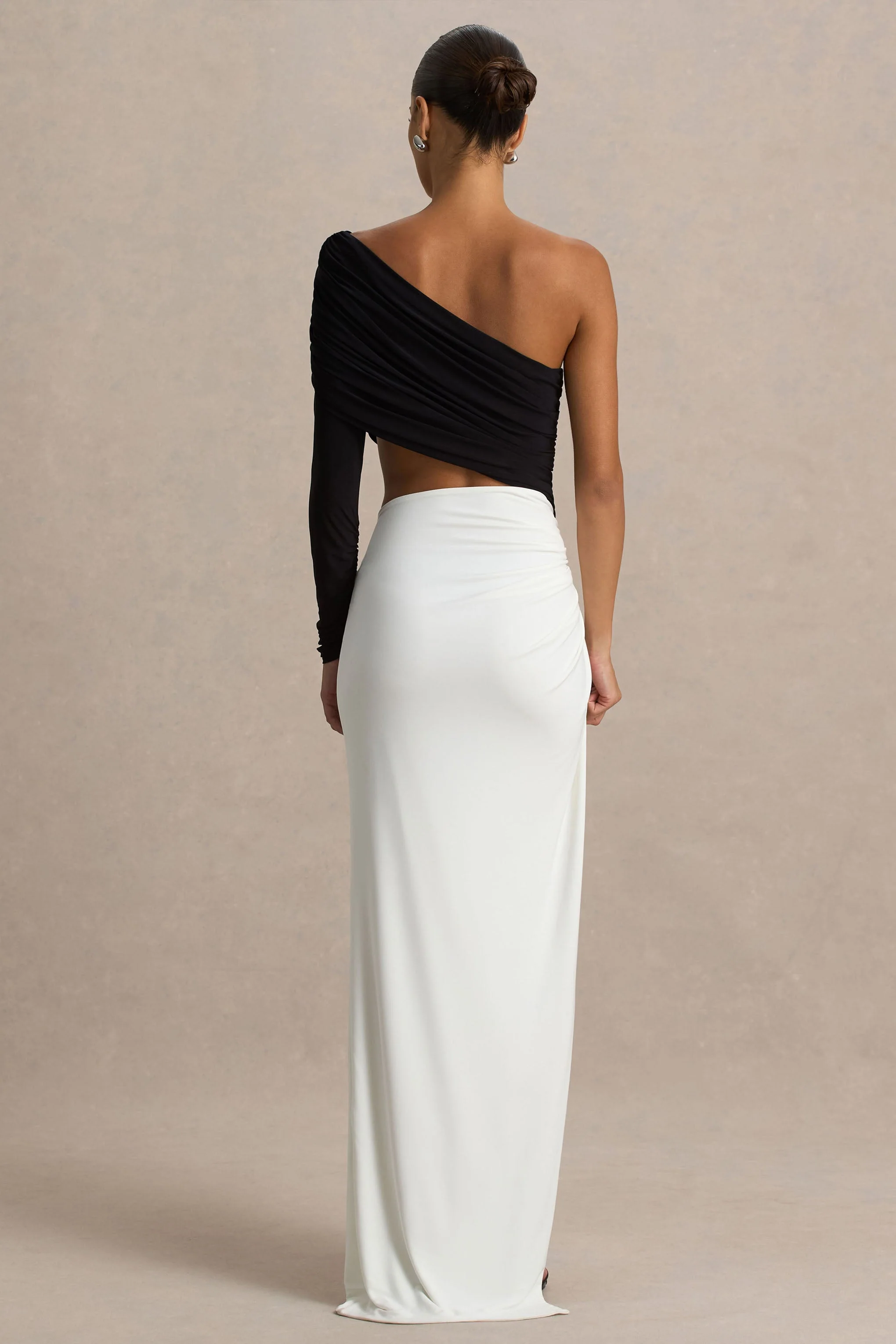 Malika | Black And White Asymmetric-Neck Maxi Dress With Body-Cut Out And Gathered Detailing - Image 2