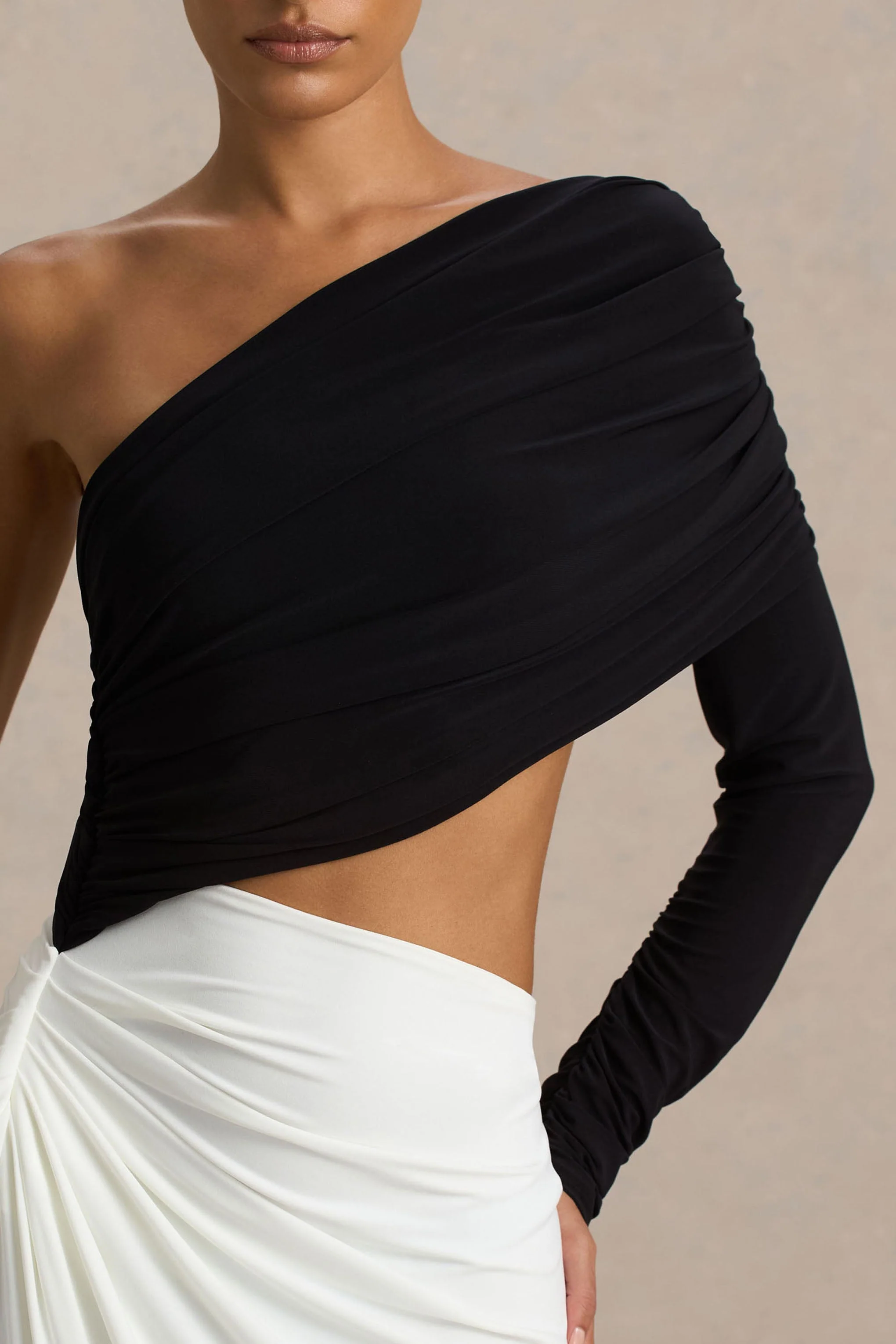 Malika | Black And White Asymmetric-Neck Maxi Dress With Body-Cut Out And Gathered Detailing - Image 3
