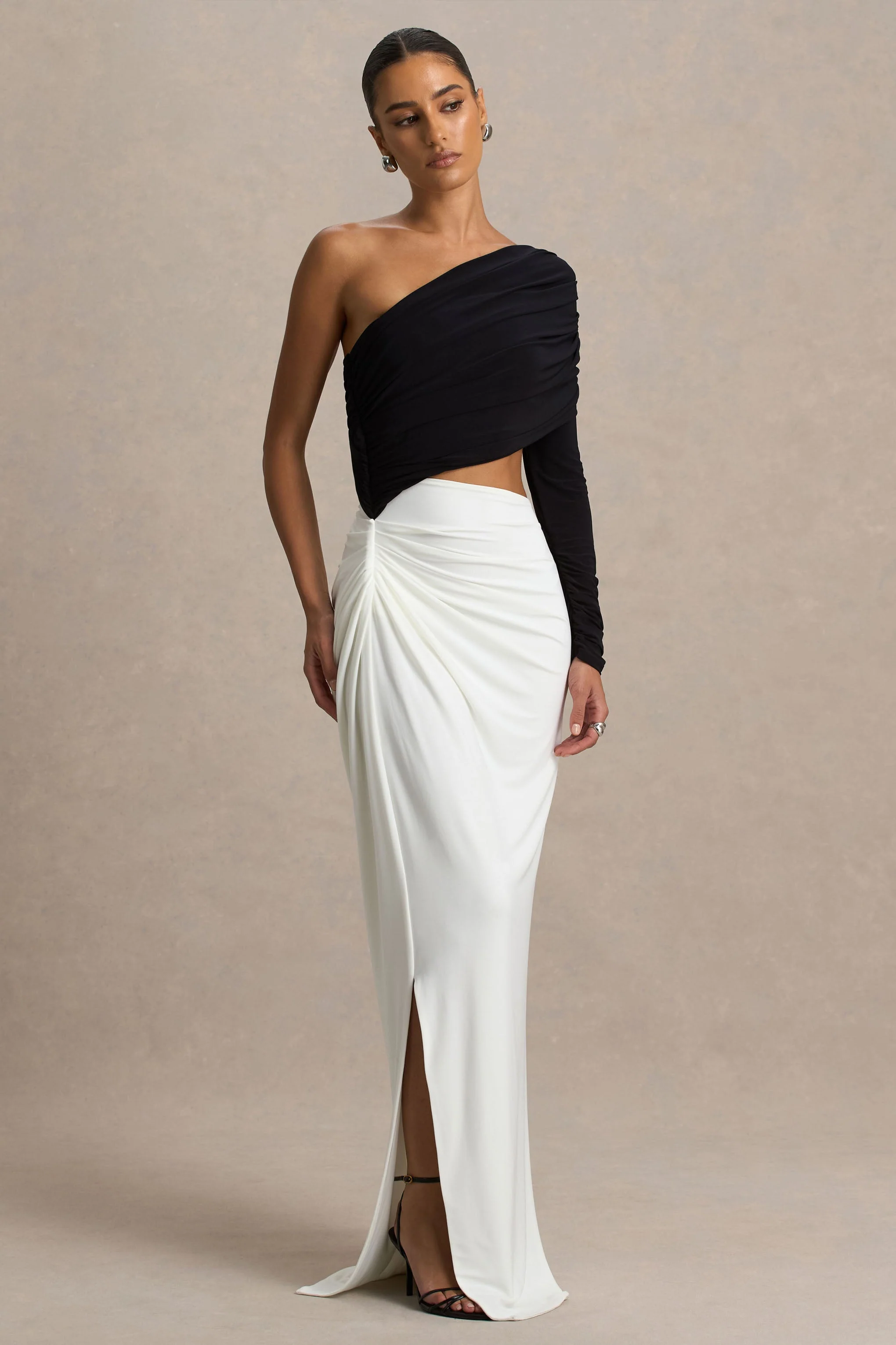 Malika | Black And White Asymmetric-Neck Maxi Dress With Body-Cut Out And Gathered Detailing - Image 4