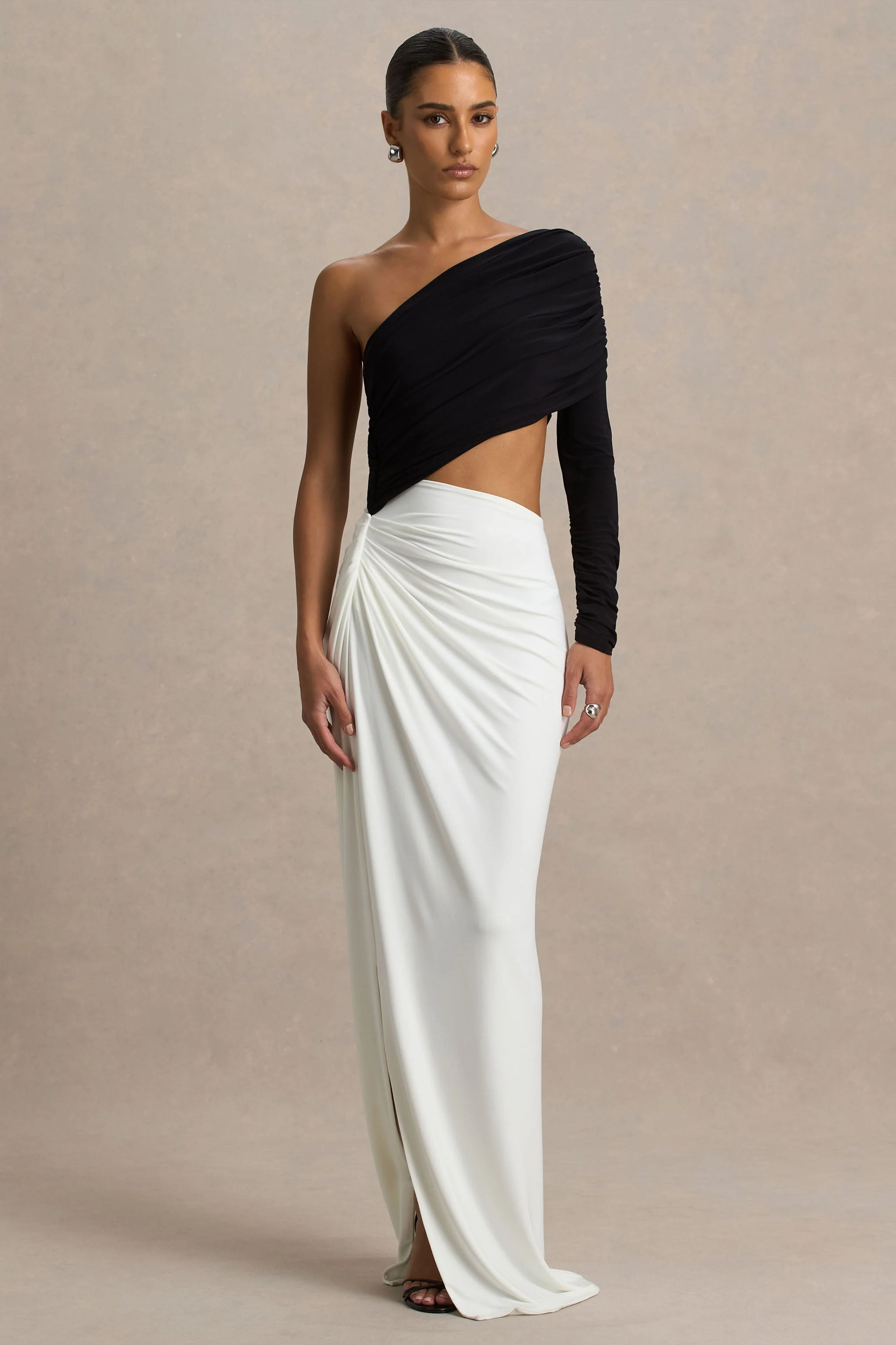 Malika | Black And White Asymmetric-Neck Maxi Dress With Body-Cut Out And Gathered Detailing - Image 5
