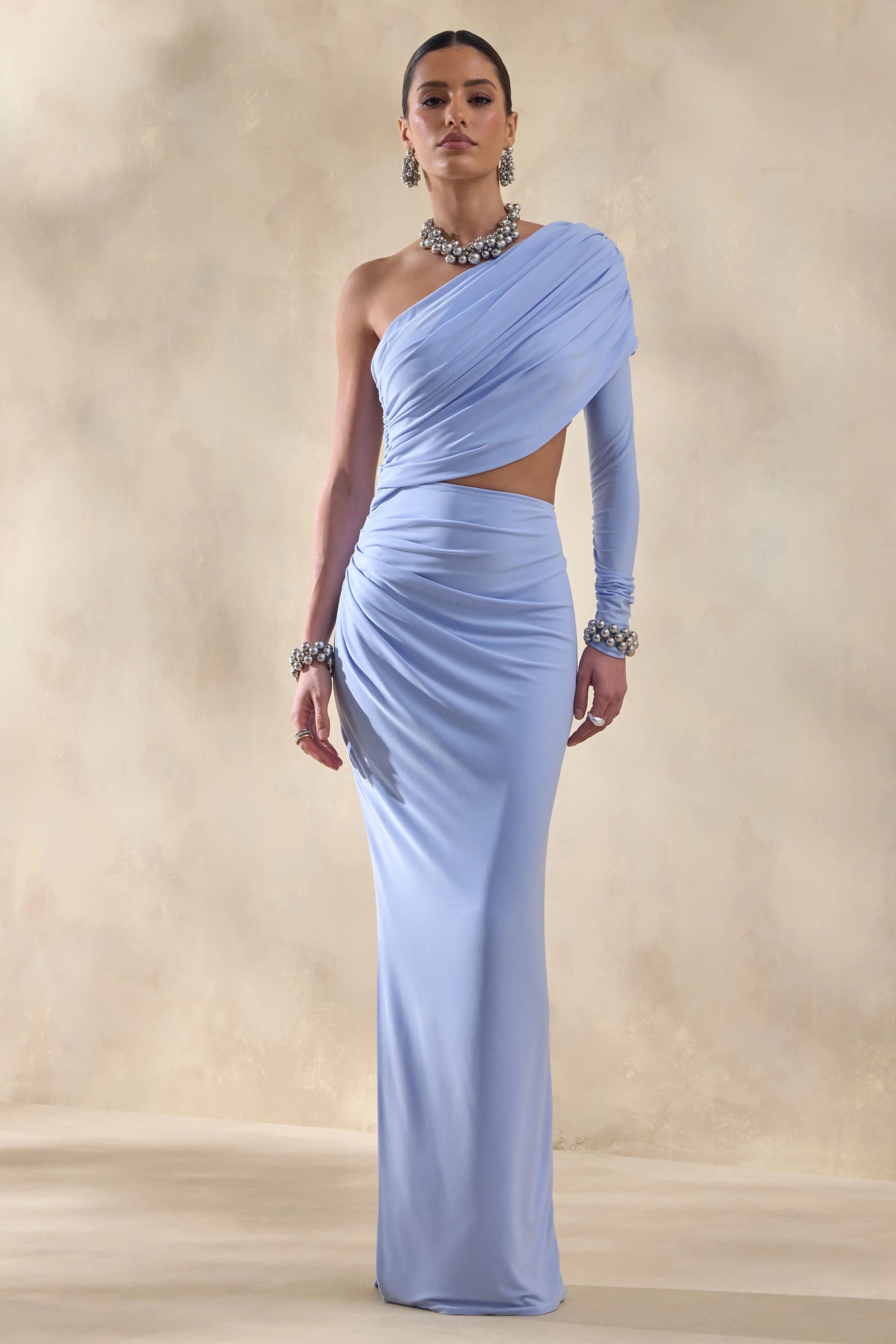 Malika | Powder Blue Asymmetric-Neck Maxi Dress With Body-Cut Out And Gathered Detailing - Image 4