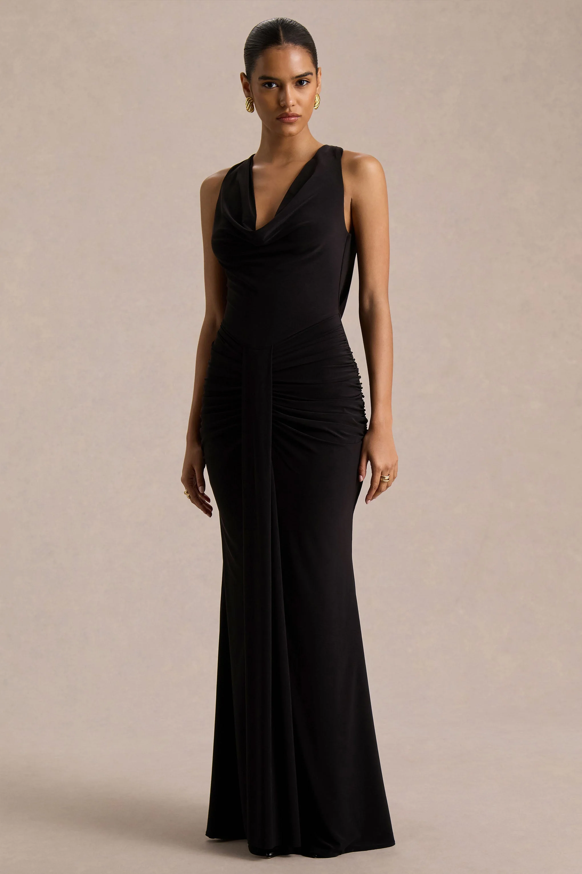 Mallie | Black Cowl-Neck Maxi Dress With Gathered-Detailing - Image 5