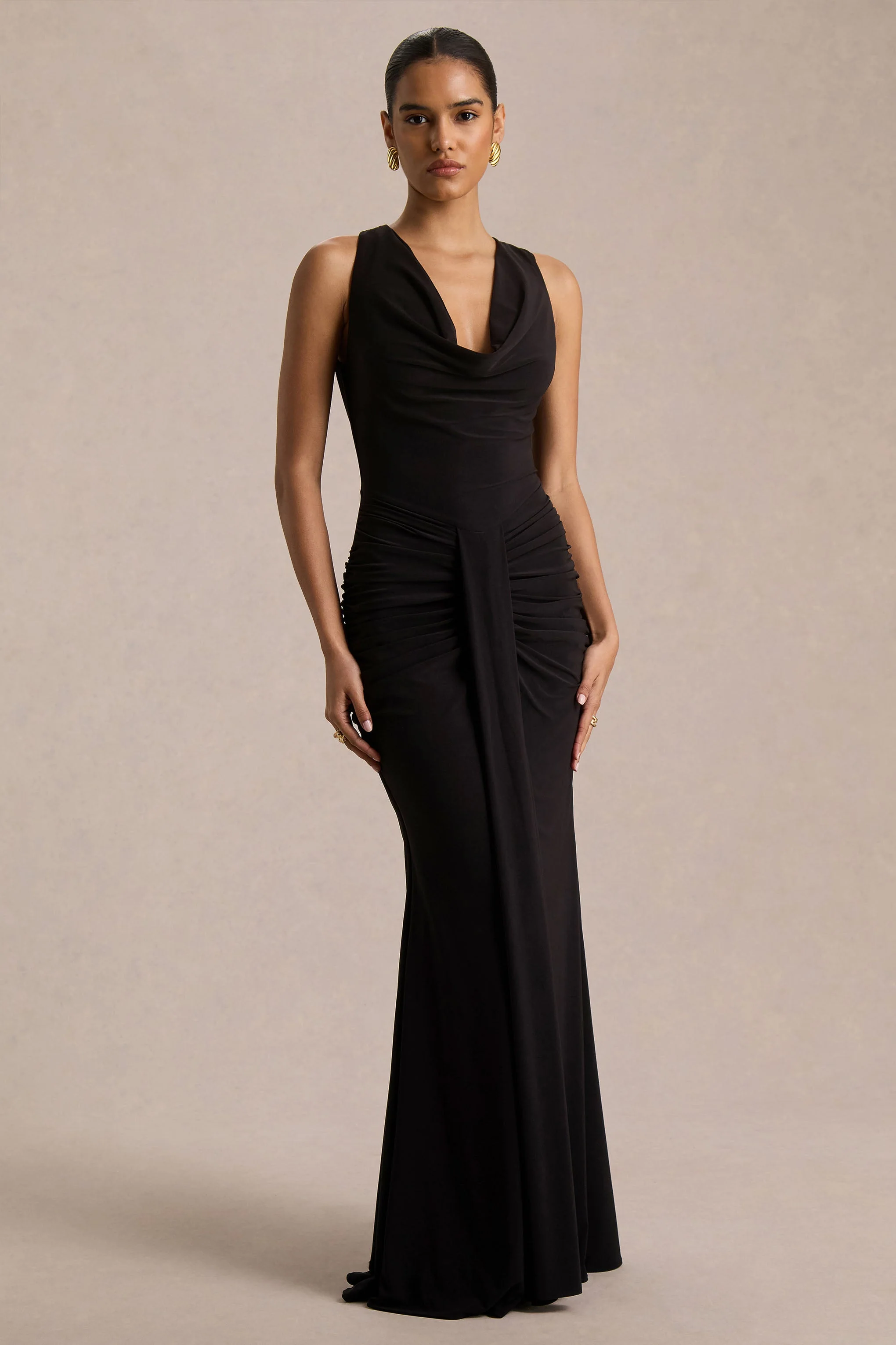 Mallie | Black Cowl-Neck Maxi Dress With Gathered-Detailing - Image 6
