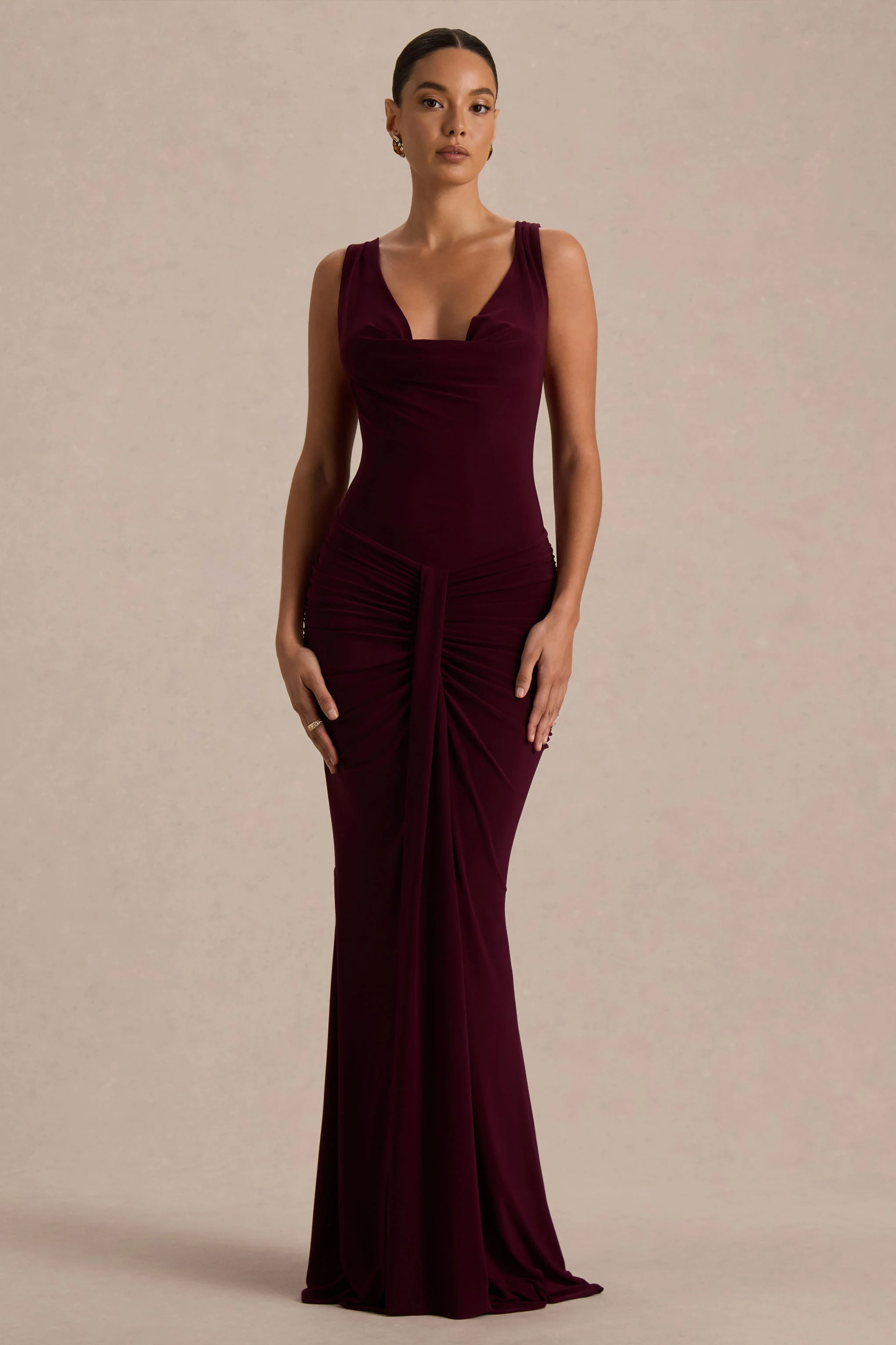 Mallie | Burgundy Cowl-Neck Maxi Dress With Open-Back And Gathered-Detailing - Image 3