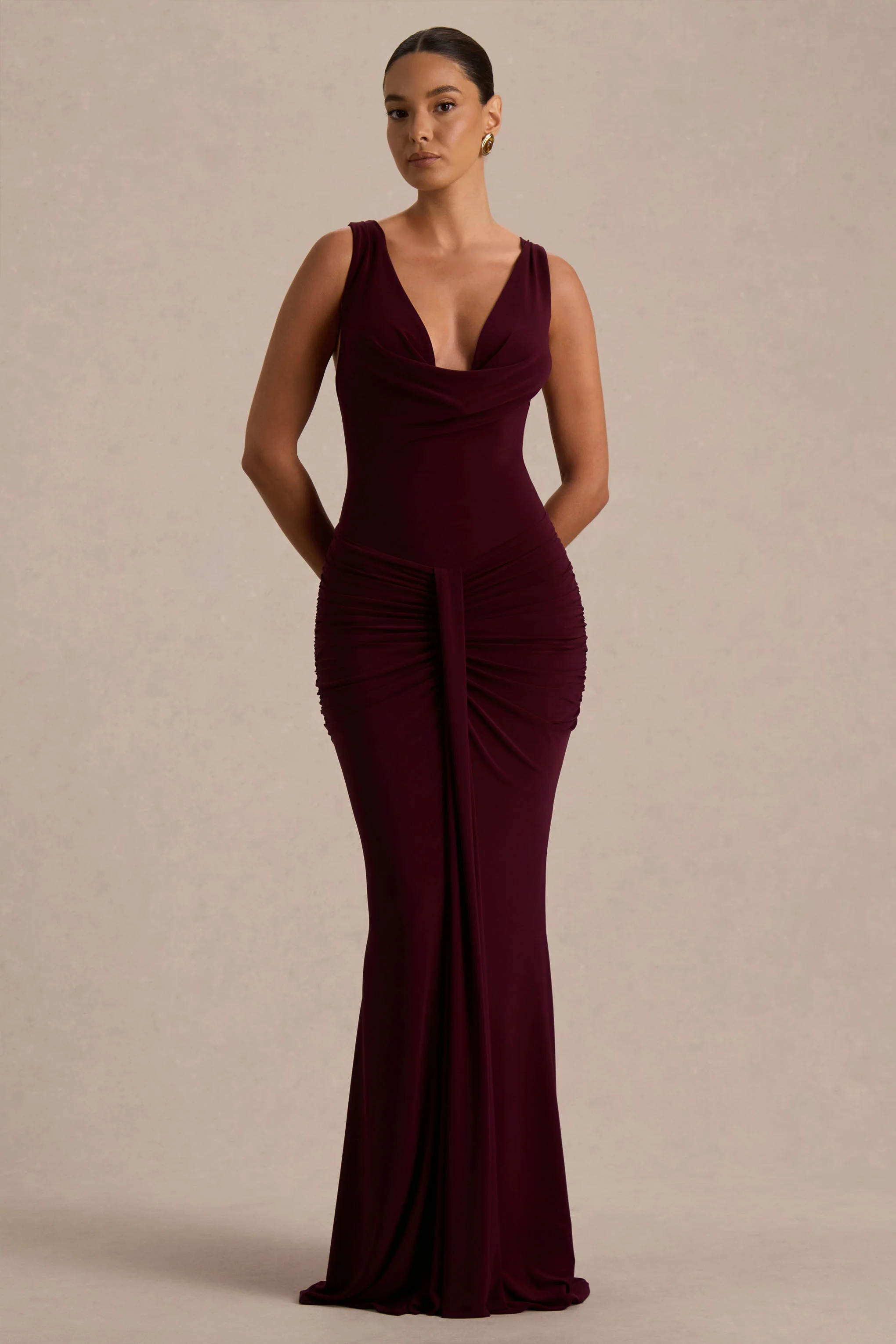 Mallie | Burgundy Cowl-Neck Maxi Dress With Open-Back And Gathered-Detailing - Image 4