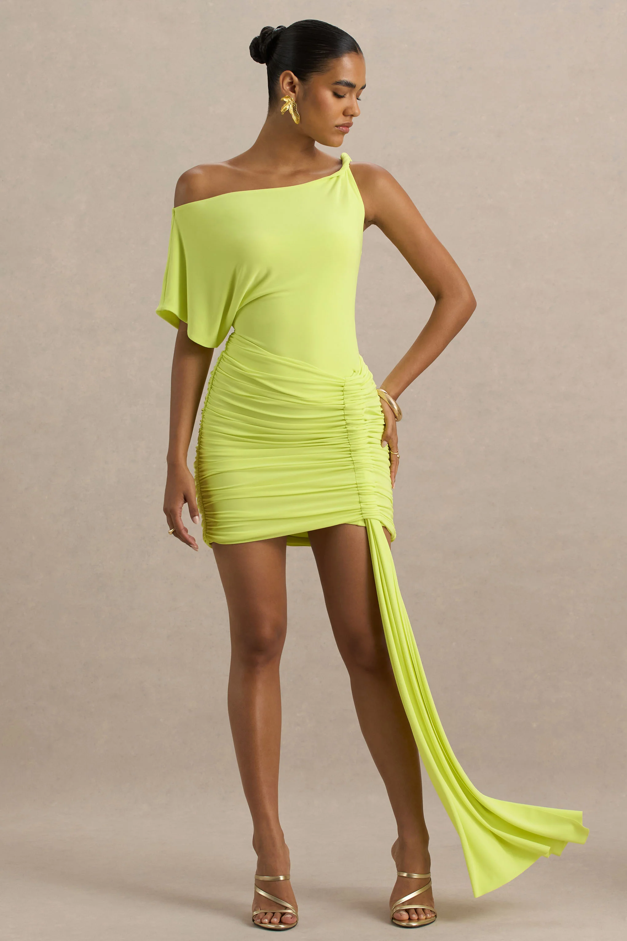 Marci | Lime Green Asymmetric Ruched Mini Dress With Sash - Image 4