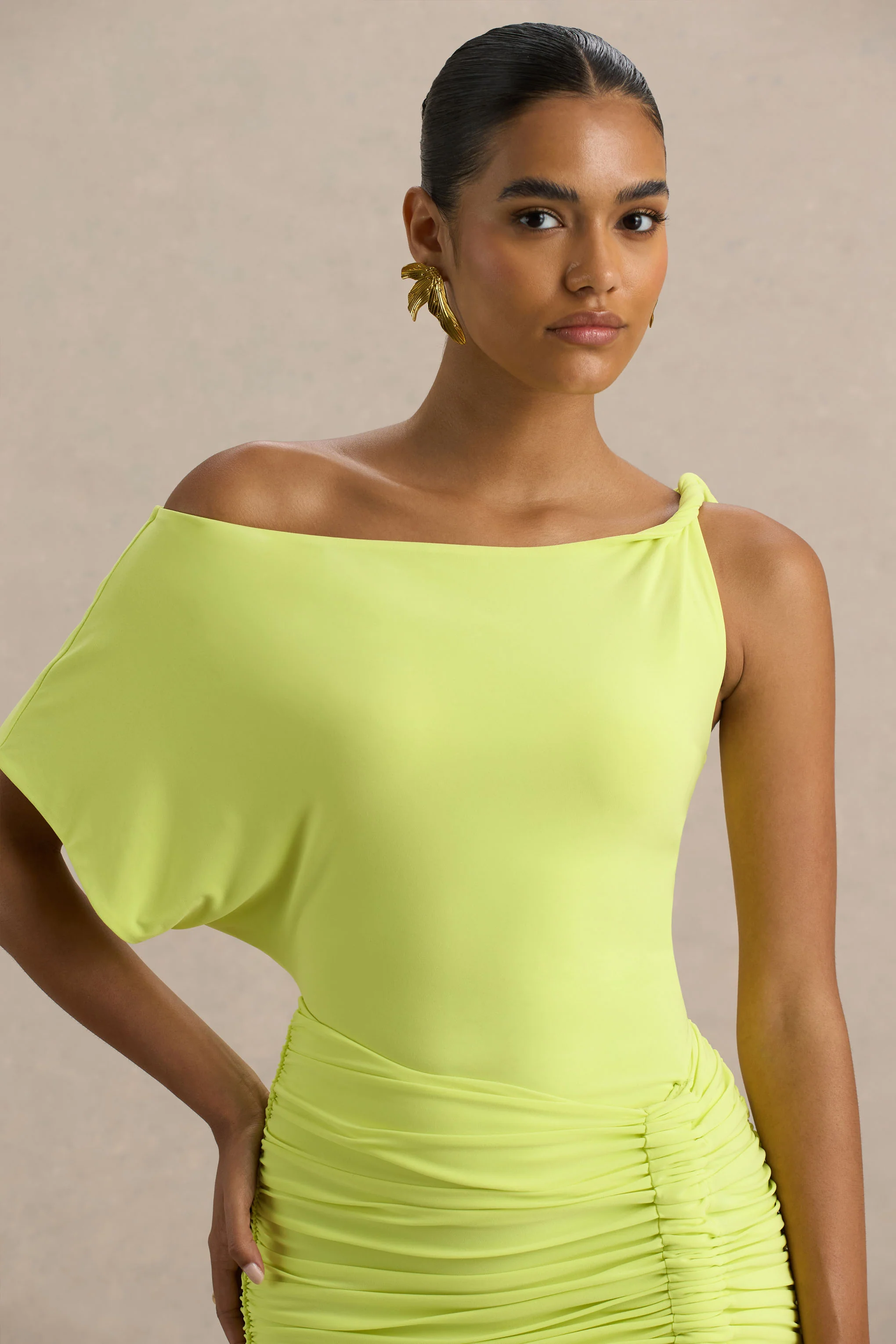 Marci | Lime Green Asymmetric Ruched Mini Dress With Sash - Image 5