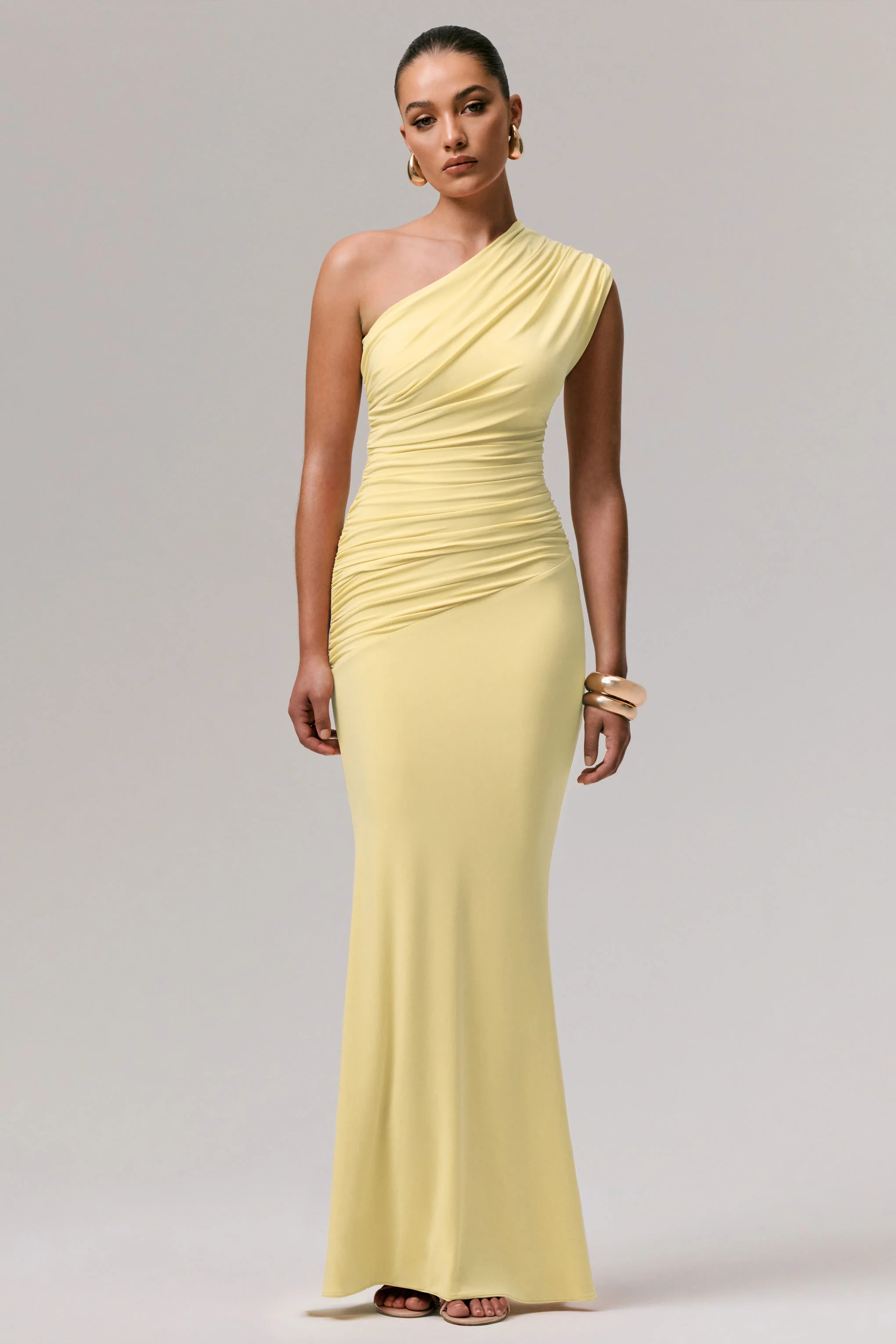 Mardi | Lemon Asymmetric Maxi Dress With Ruching