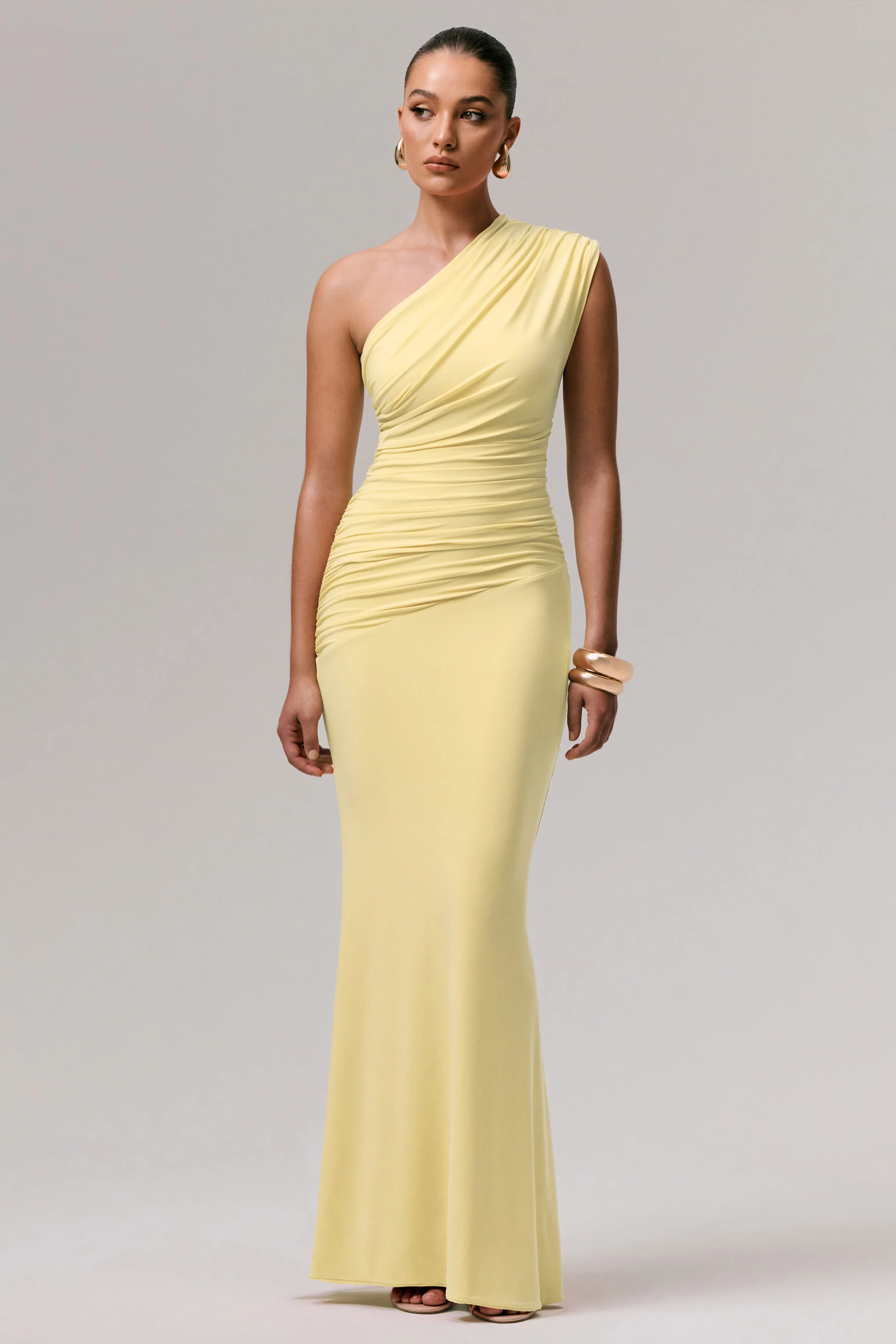 Mardi | Lemon Asymmetric Maxi Dress With Ruching - Image 5