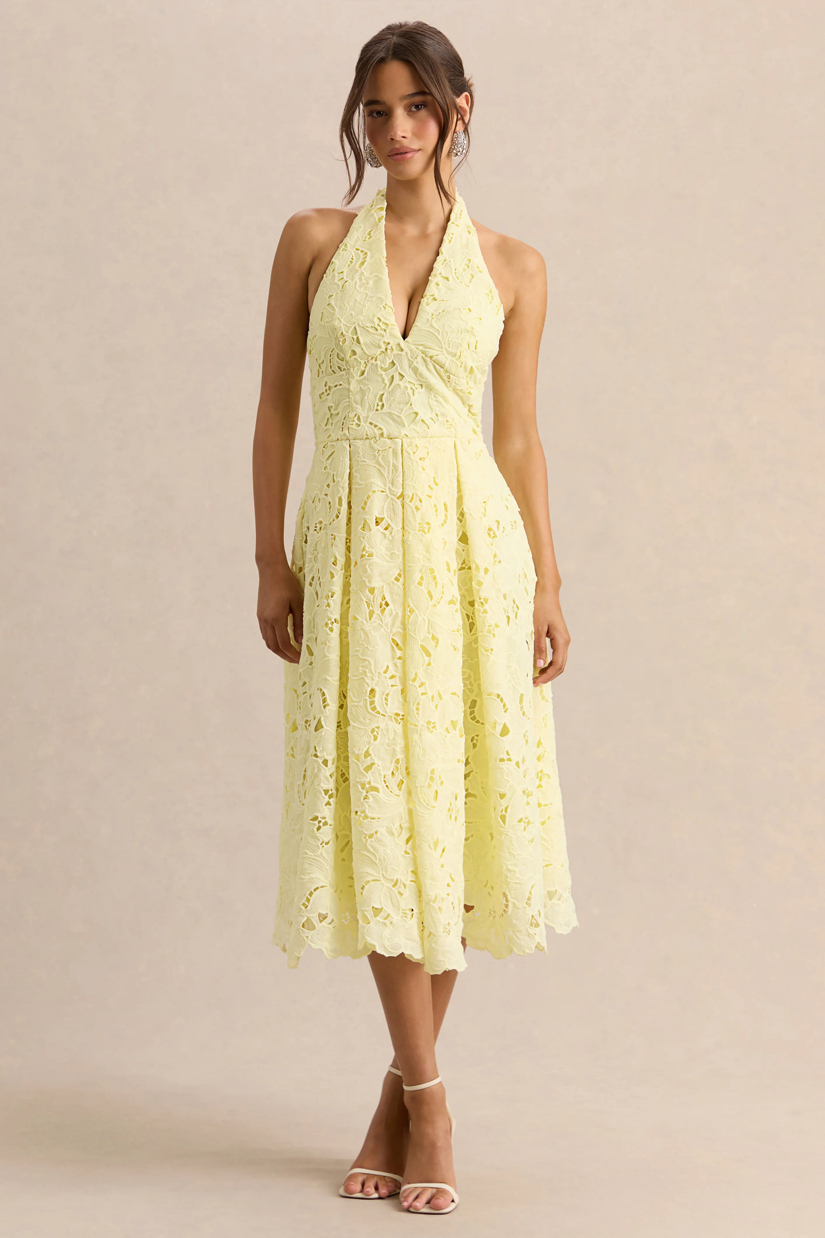 Maribel | Lemon Lace Plunge-Neck Midi Dress