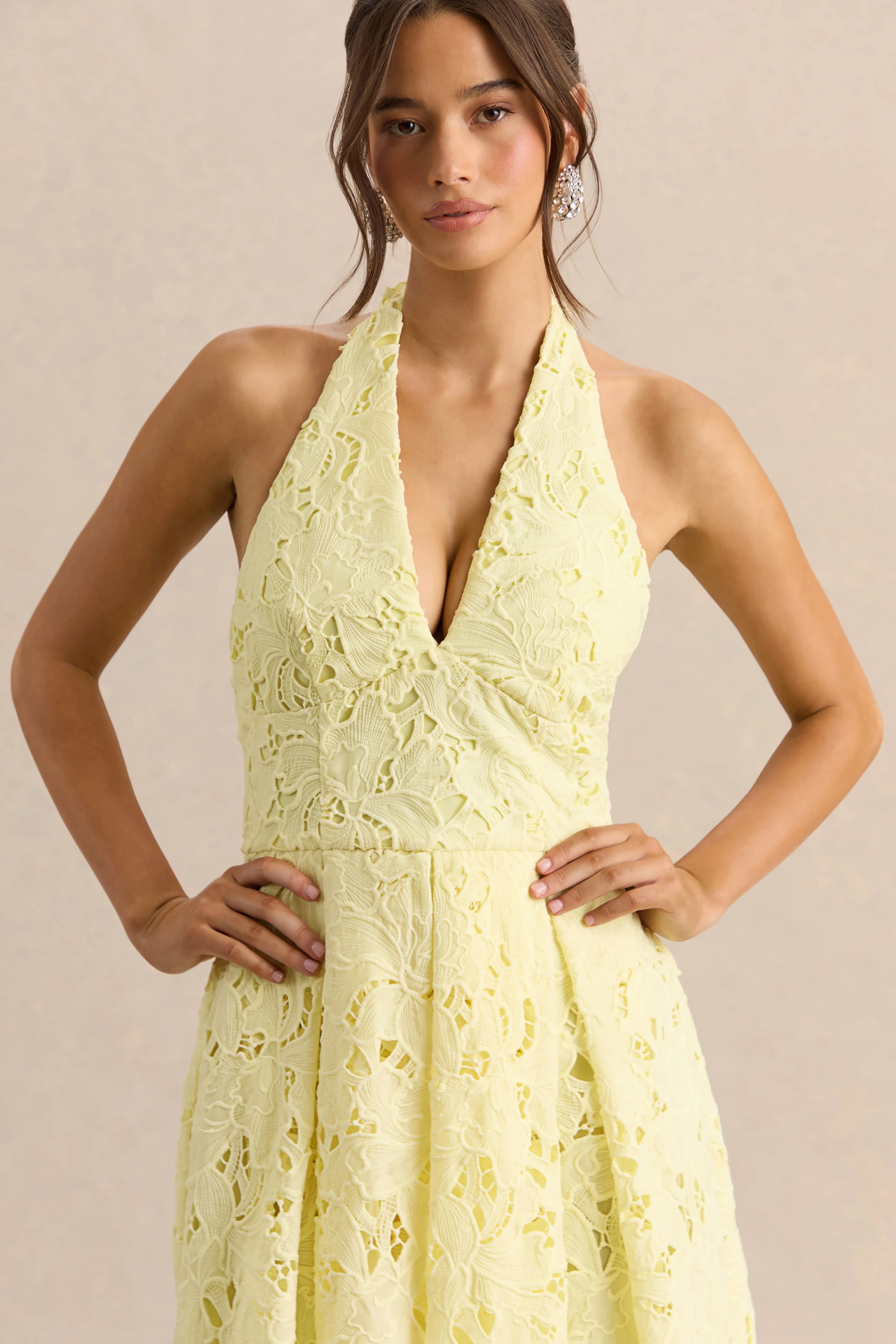 Maribel | Lemon Lace Plunge-Neck Midi Dress - Image 3